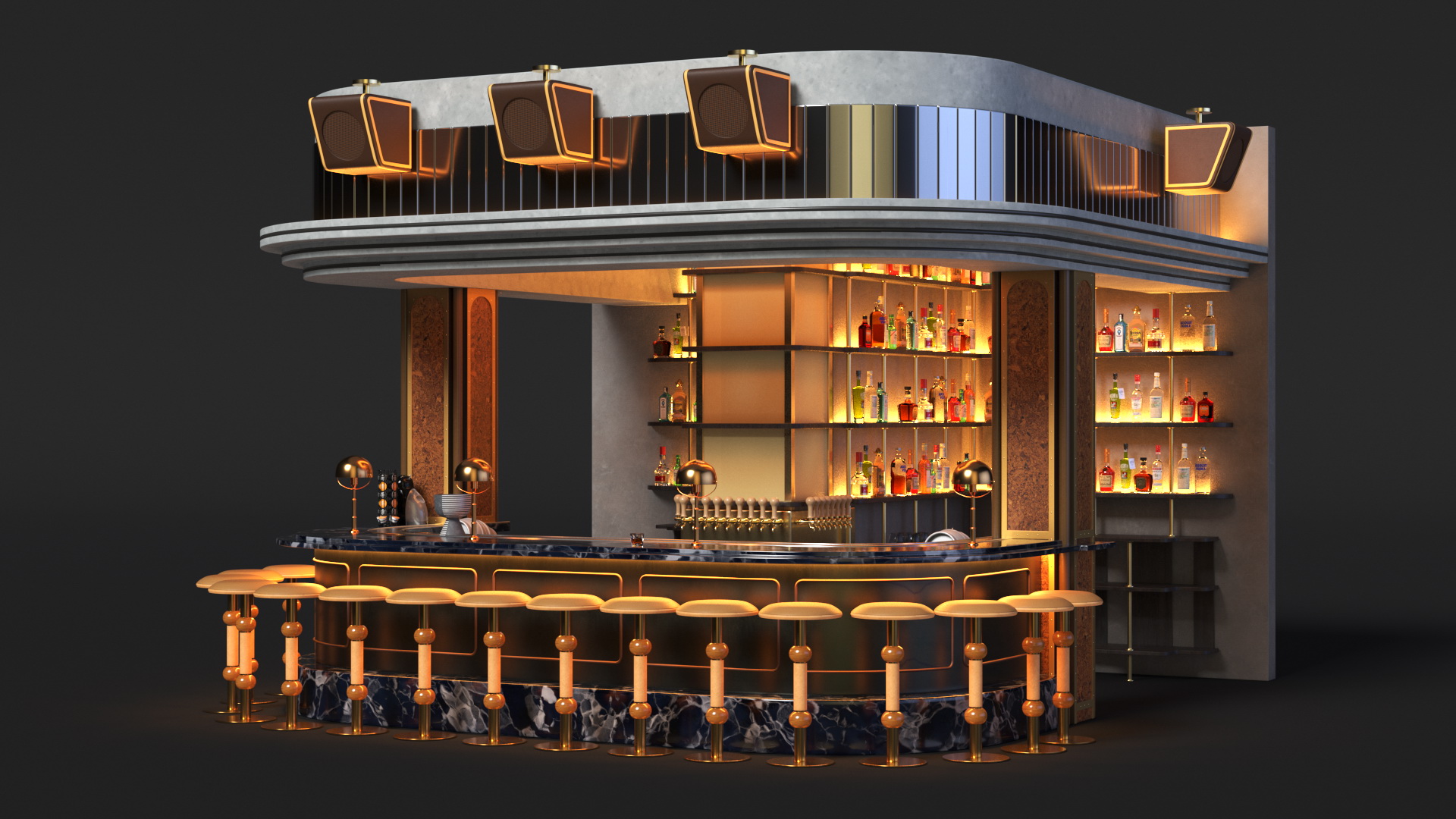 Circular Bar Counter with Stools and Shelves 3D model