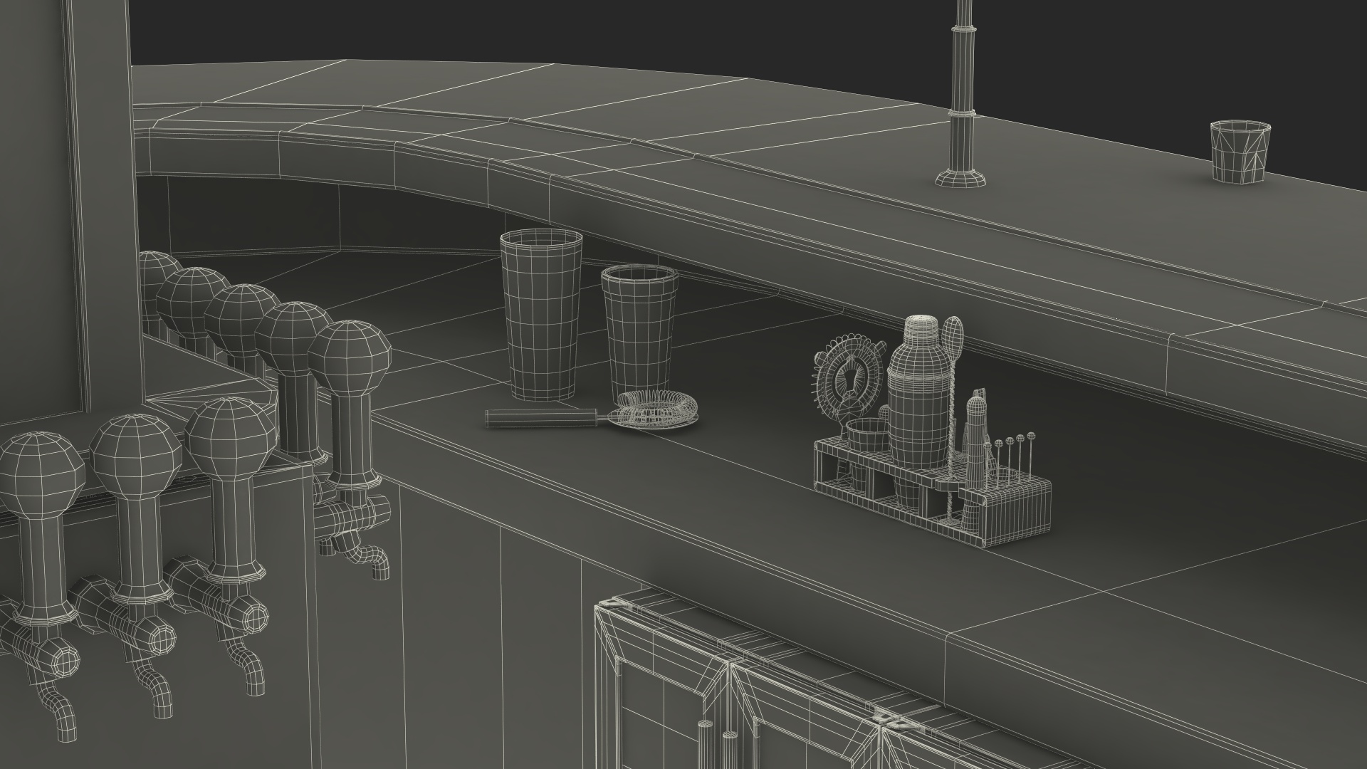 Circular Bar Counter with Stools and Shelves 3D model
