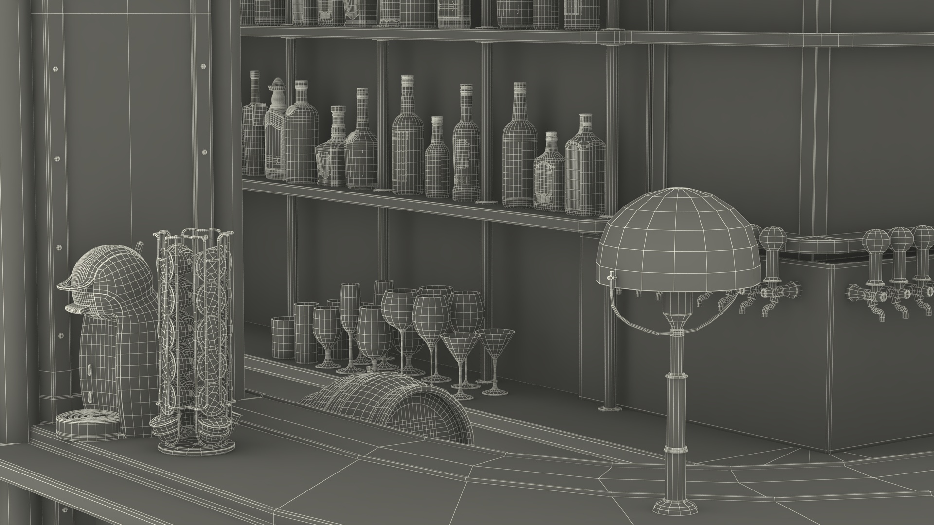 Circular Bar Counter with Stools and Shelves 3D model