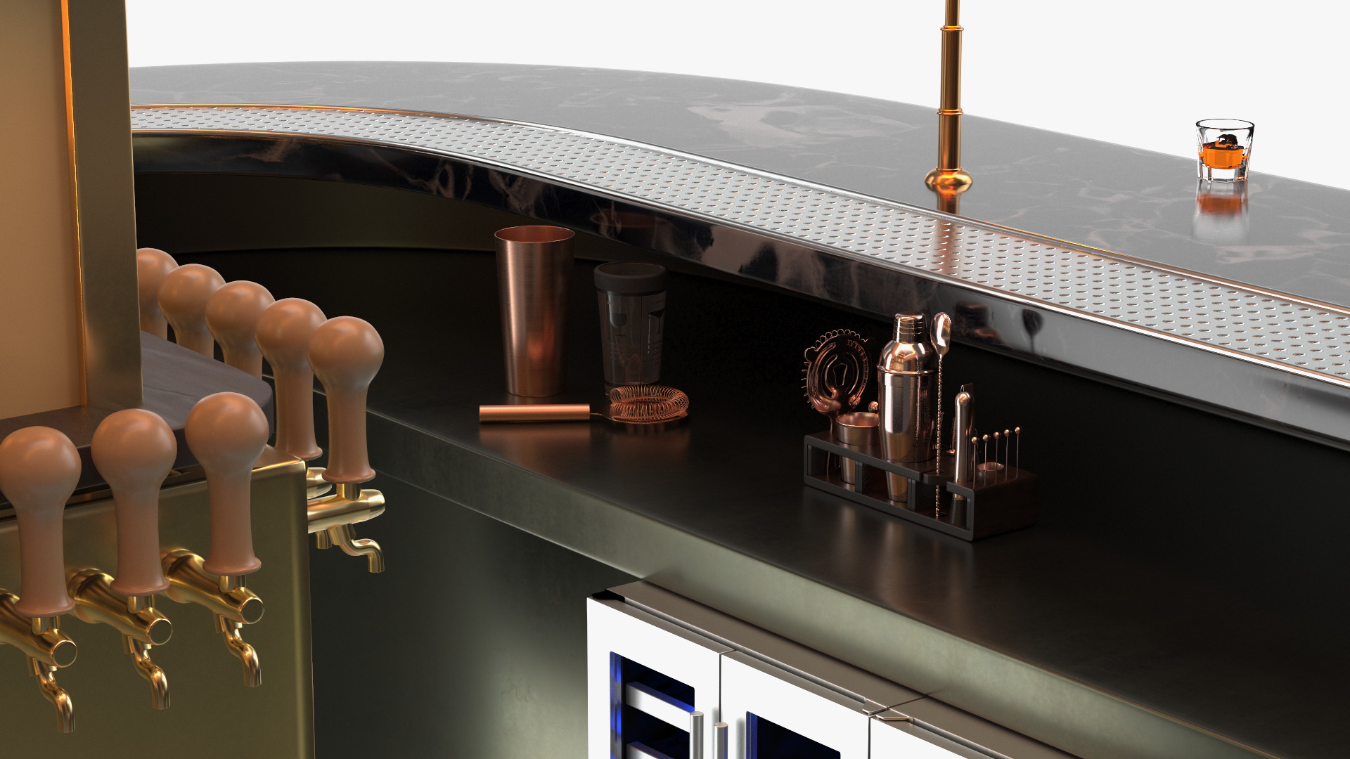 Circular Bar Counter with Stools and Shelves 3D model