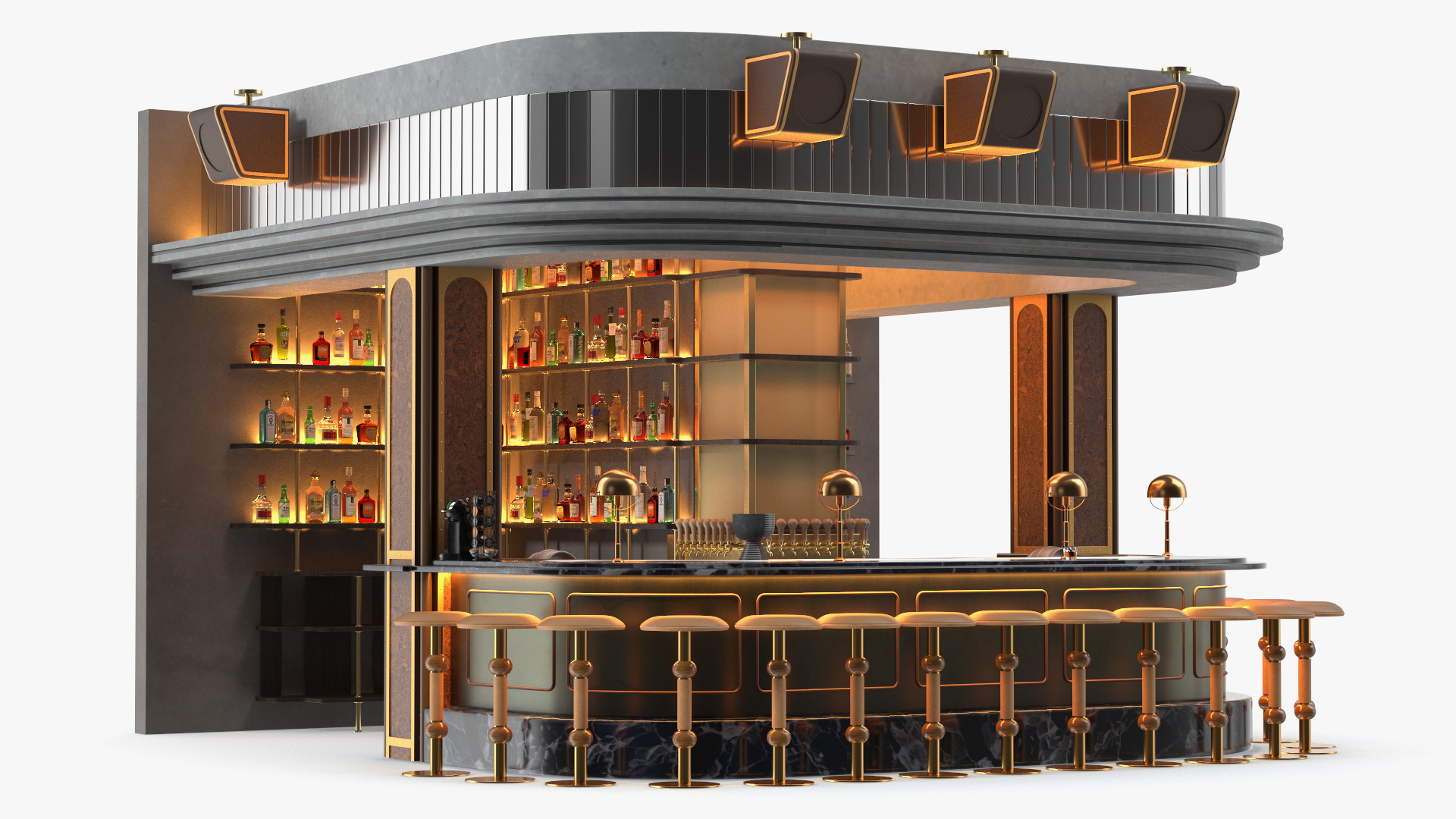 Circular Bar Counter with Stools and Shelves 3D model