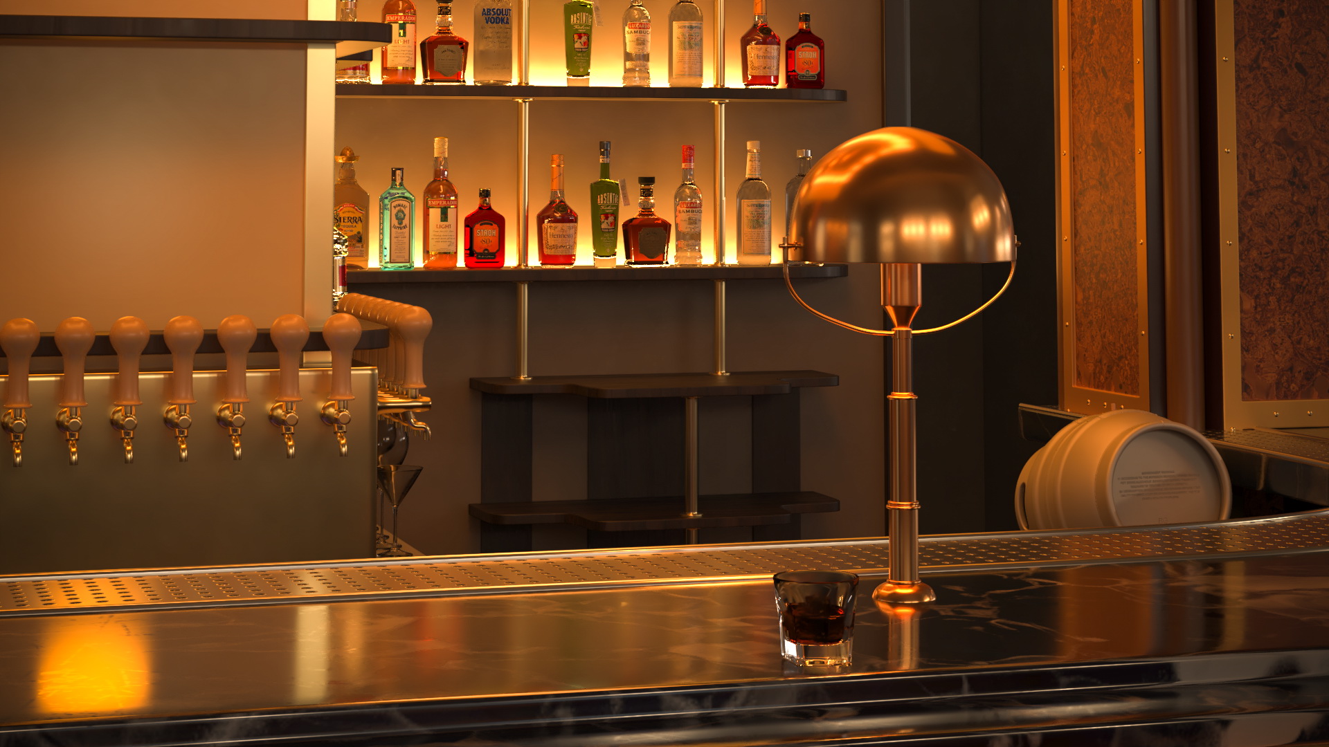Circular Bar Counter with Stools and Shelves 3D model