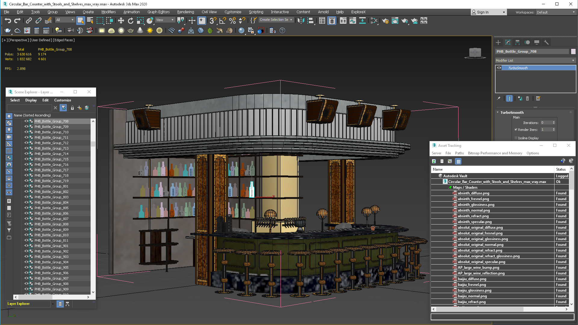 Circular Bar Counter with Stools and Shelves 3D model