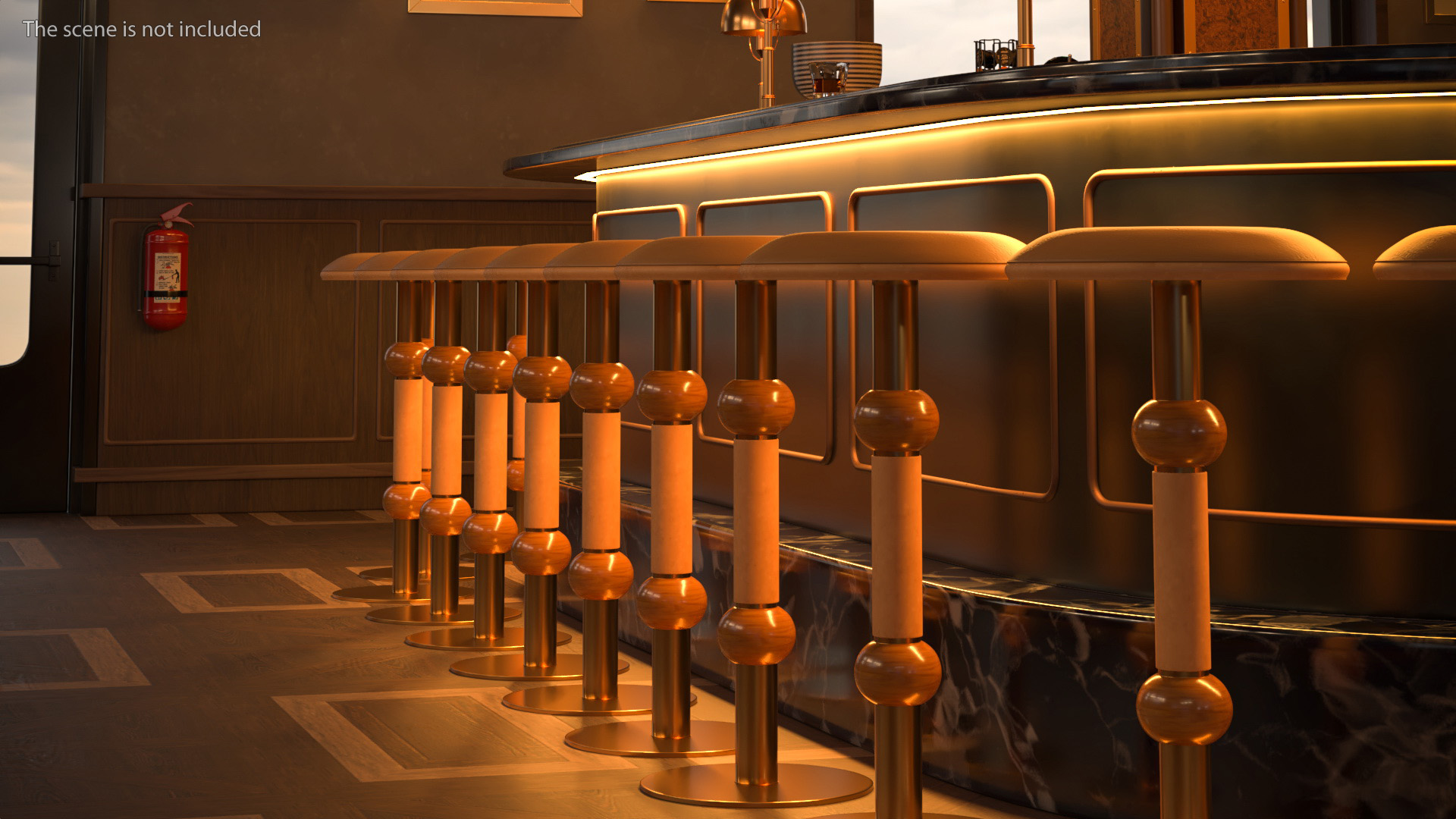 Circular Bar Counter with Stools and Shelves 3D model