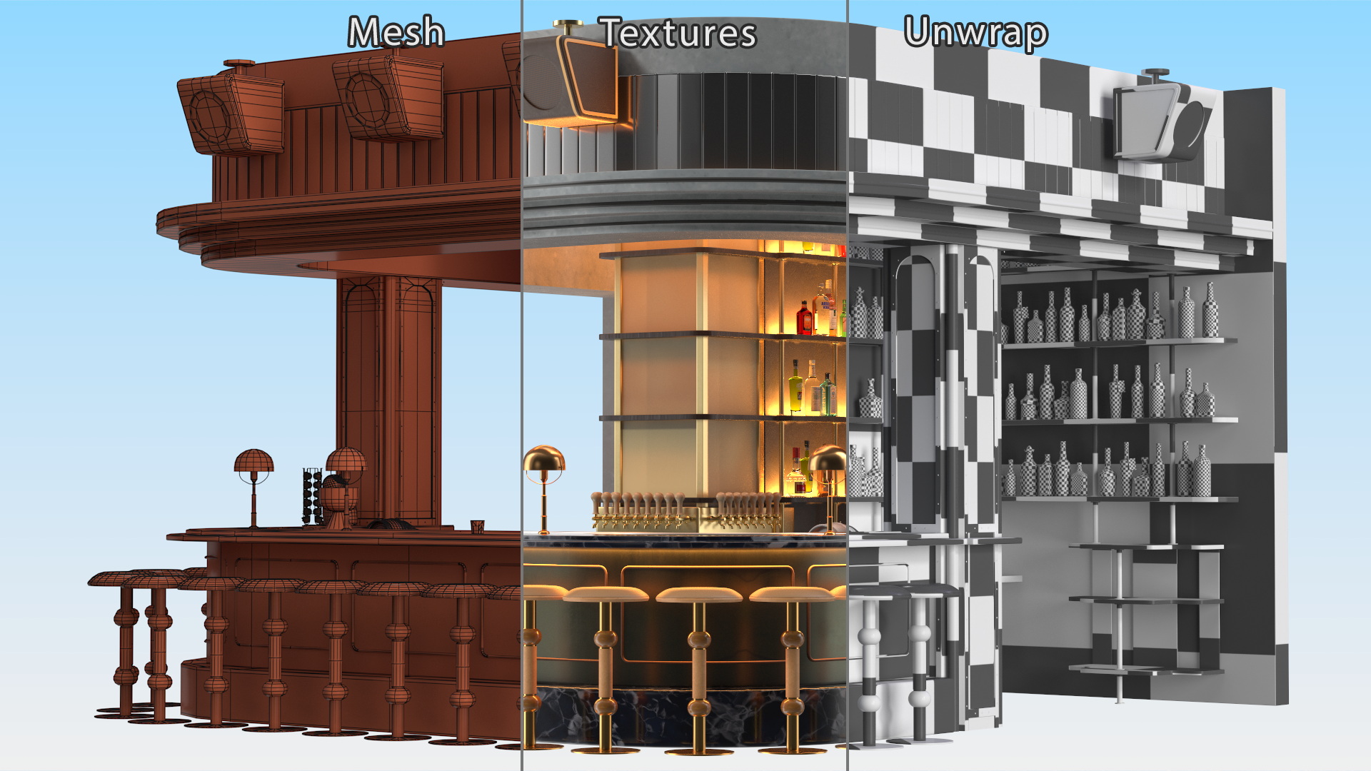 Circular Bar Counter with Stools and Shelves 3D model