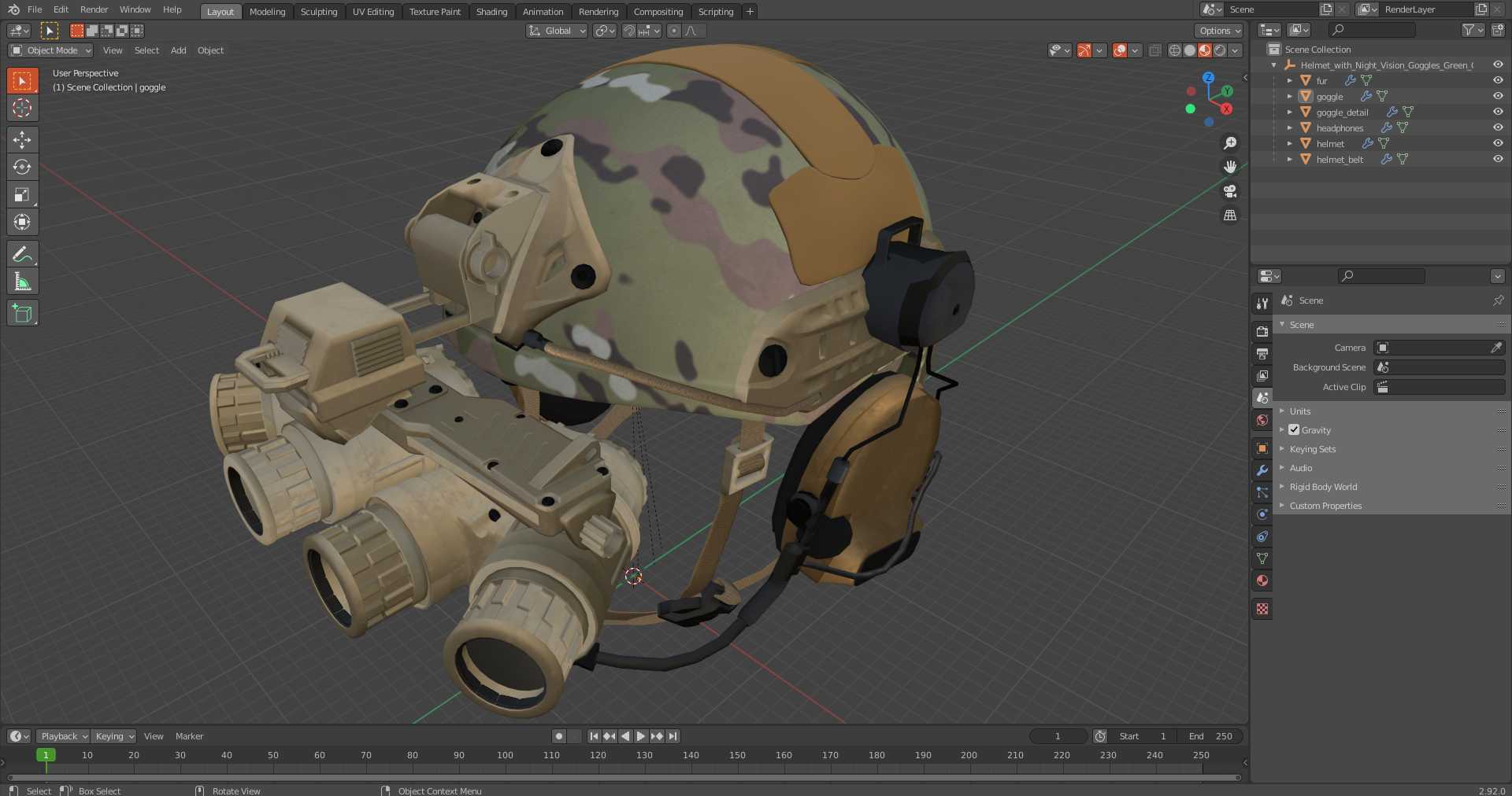 3D Helmet with Night Vision Goggles Green Camo model