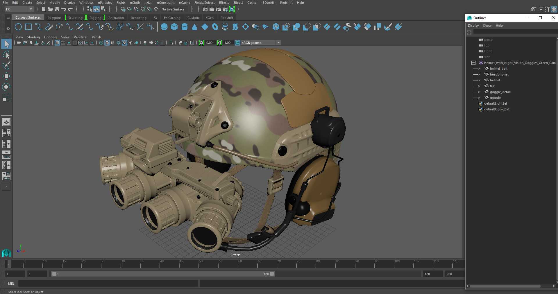 3D Helmet with Night Vision Goggles Green Camo model
