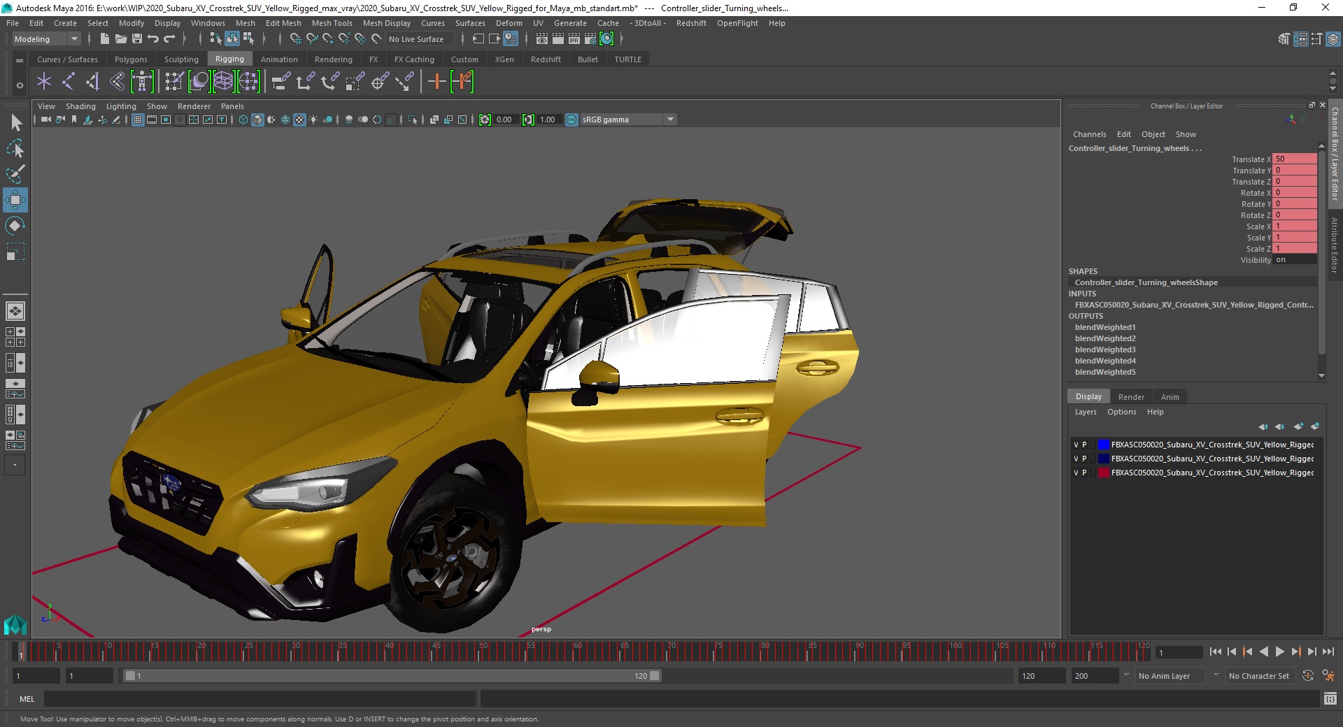 3D 2020 Subaru XV Crosstrek SUV Yellow Rigged for Maya