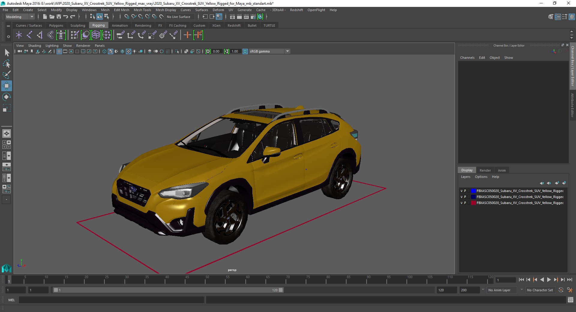 3D 2020 Subaru XV Crosstrek SUV Yellow Rigged for Maya