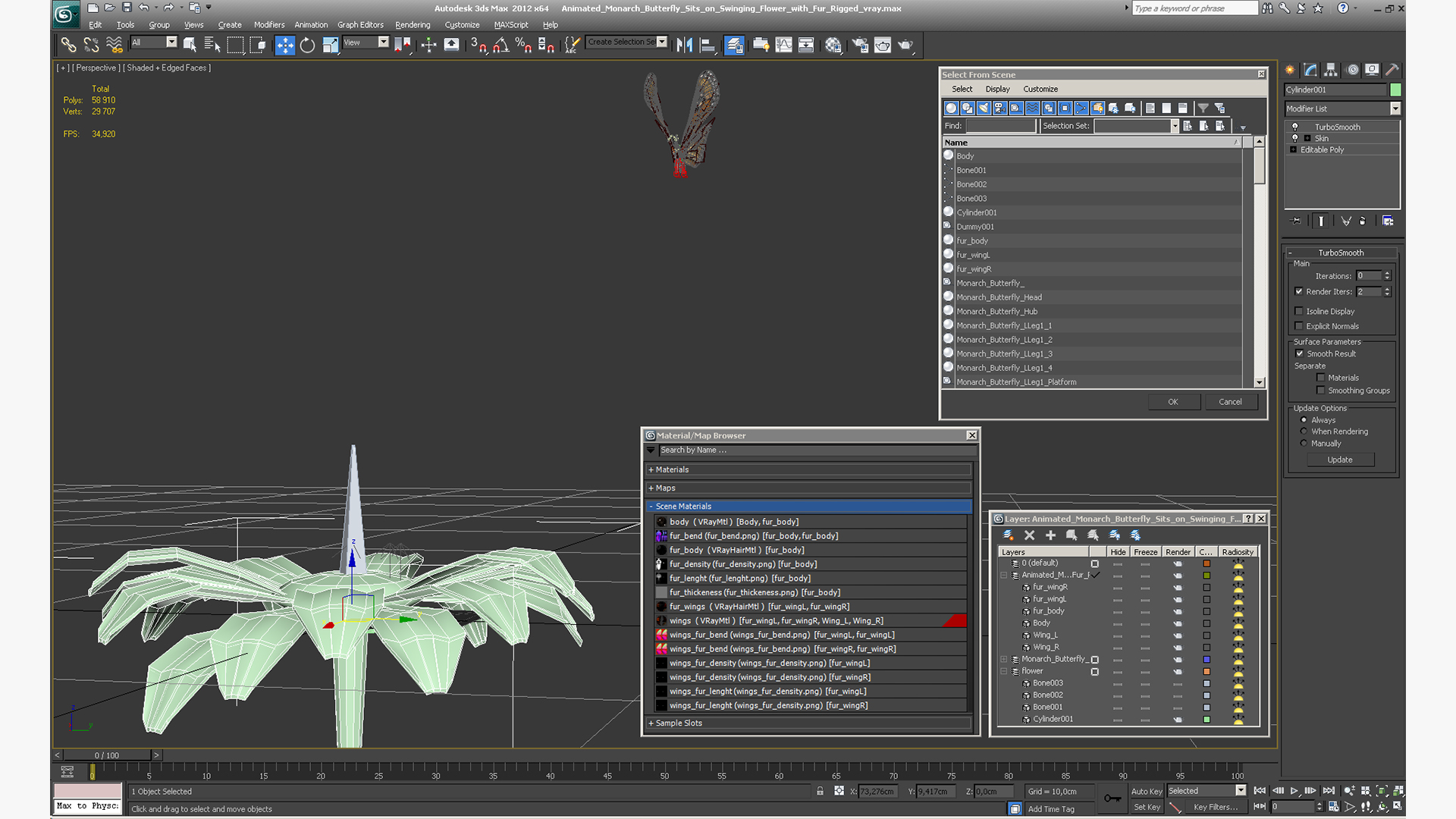 3D Animated Monarch Butterfly Sits on Swinging Flower with Fur Rigged