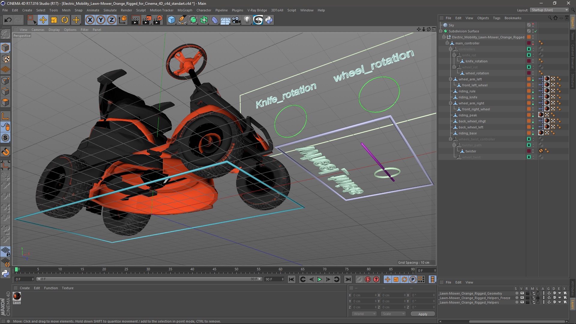 3D Electric Mobility Lawn-Mower Orange Rigged for Cinema 4D