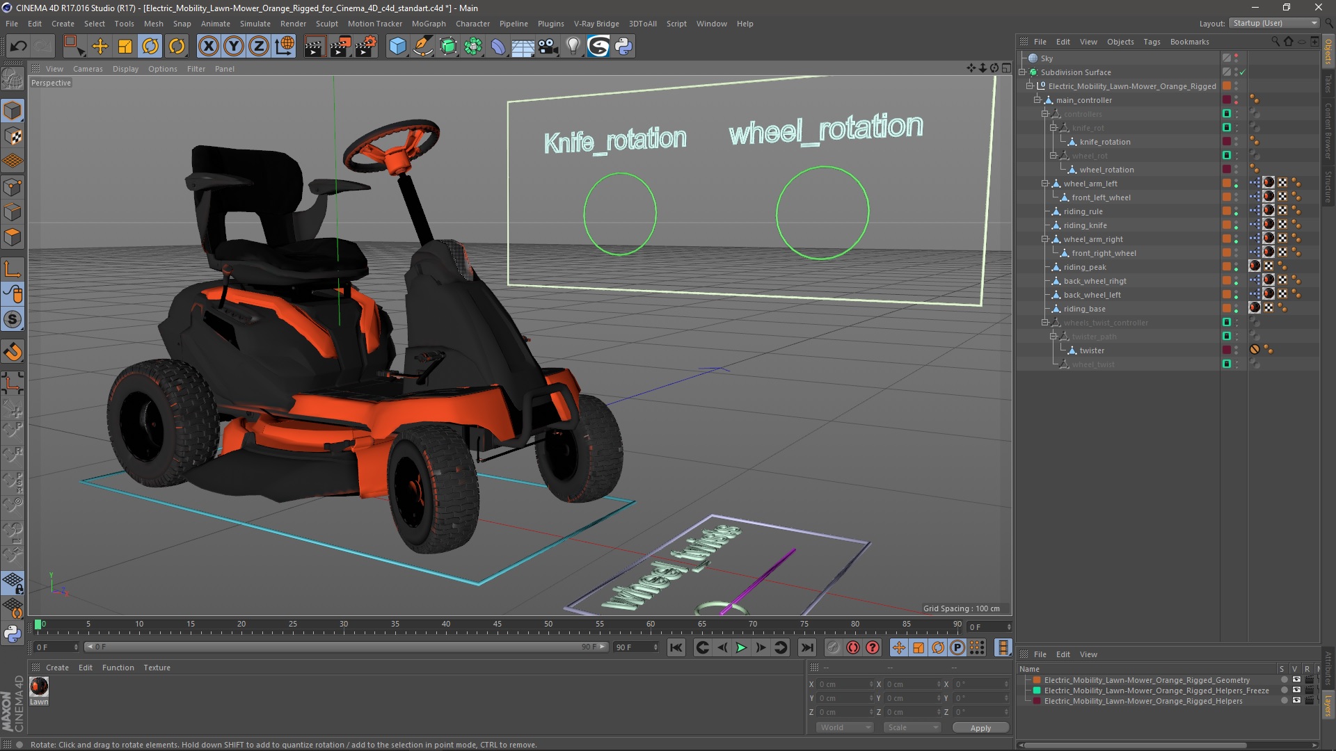 3D Electric Mobility Lawn-Mower Orange Rigged for Cinema 4D