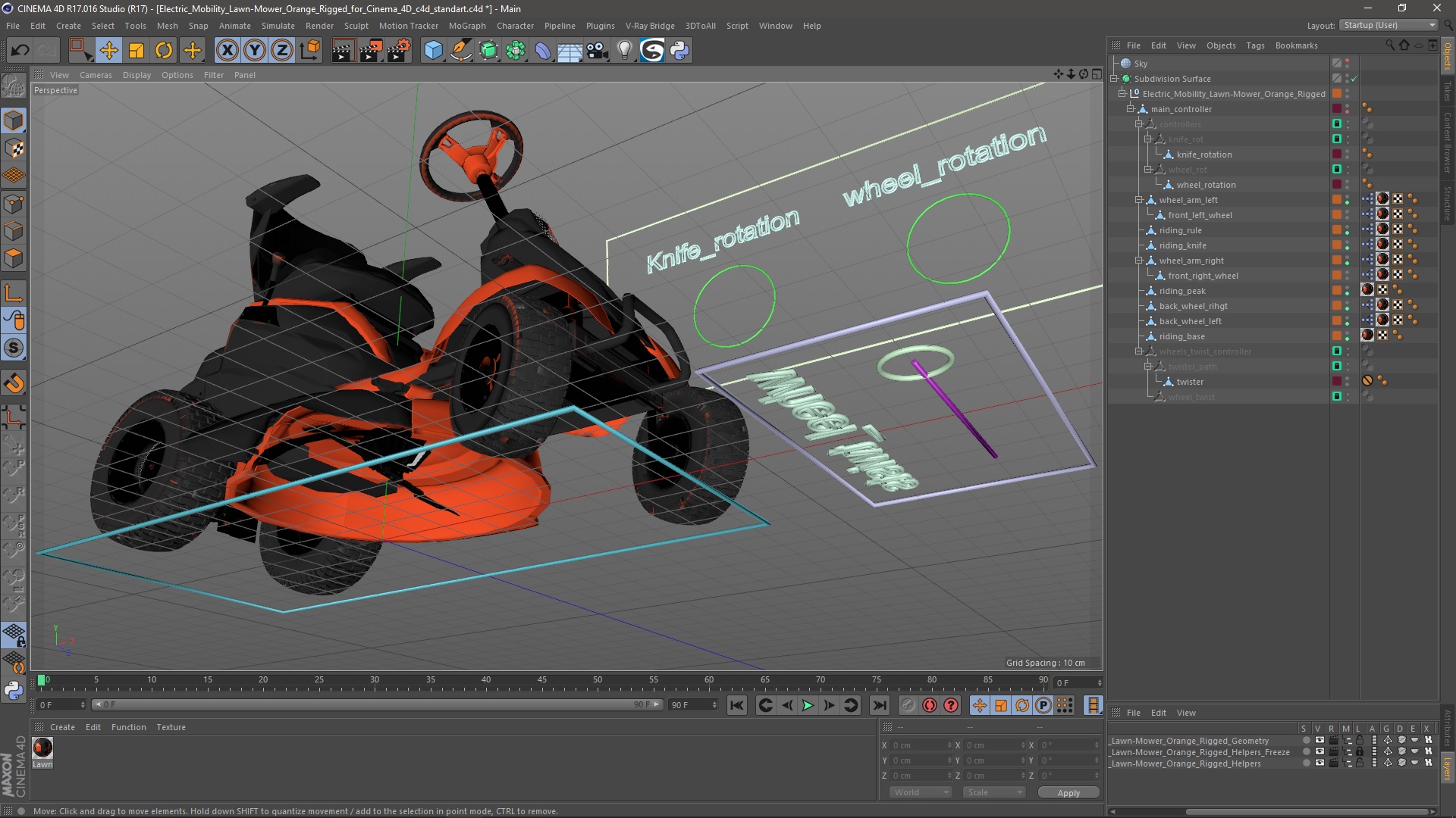 3D Electric Mobility Lawn-Mower Orange Rigged for Cinema 4D