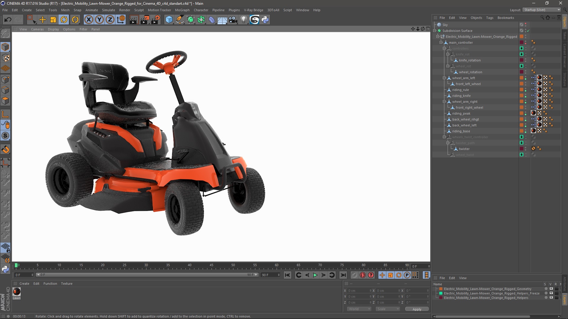 3D Electric Mobility Lawn-Mower Orange Rigged for Cinema 4D