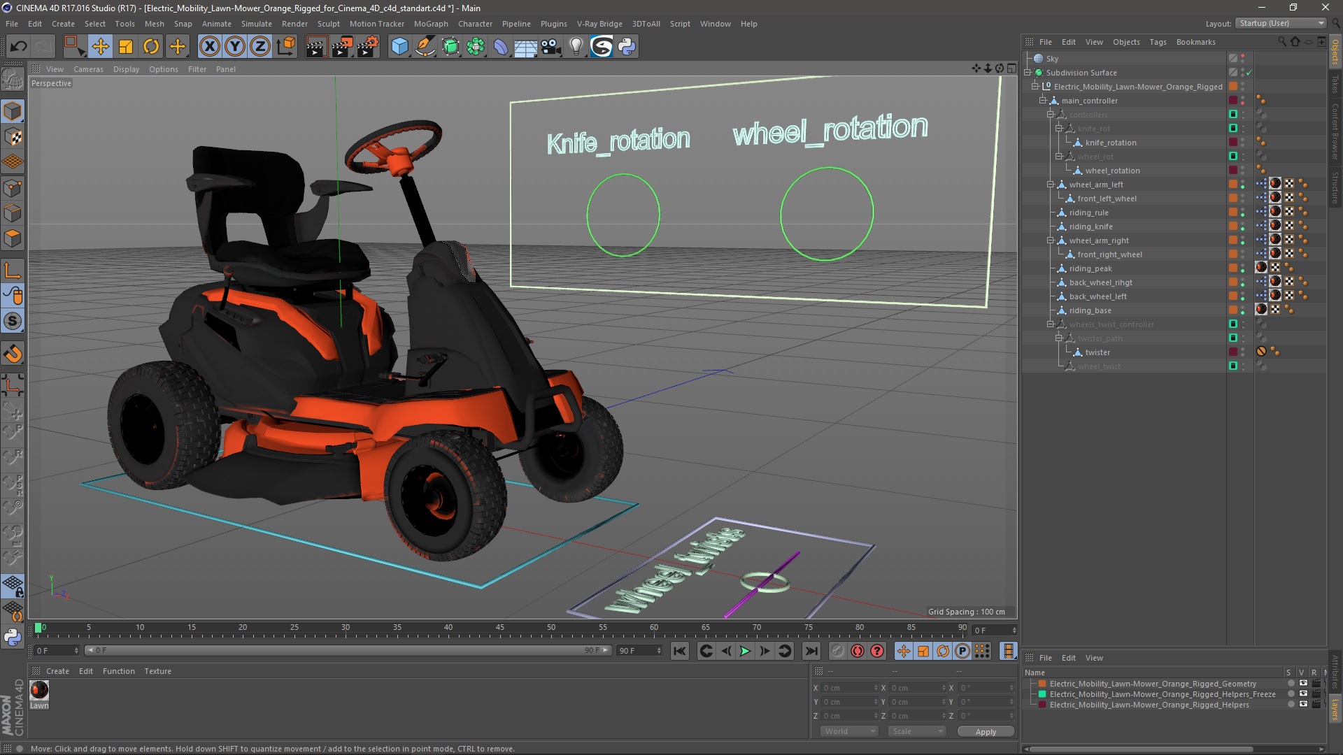 3D Electric Mobility Lawn-Mower Orange Rigged for Cinema 4D