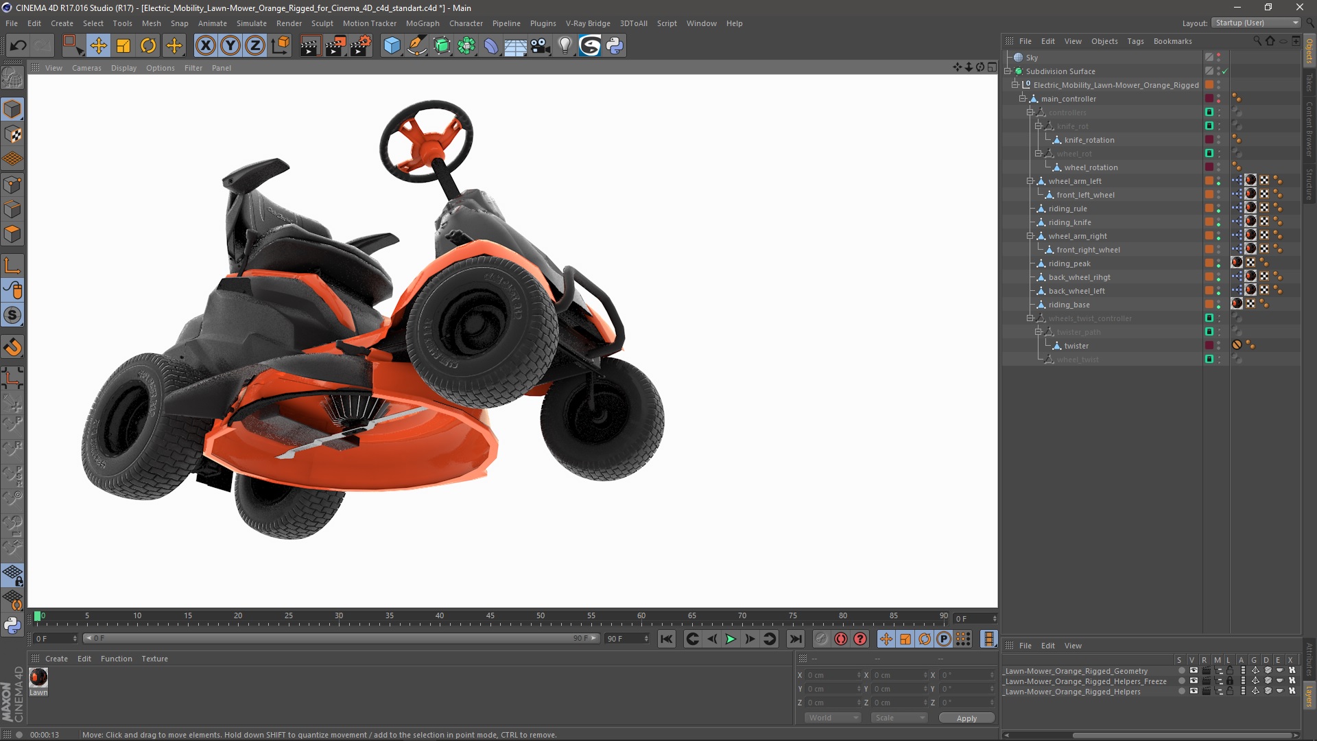 3D Electric Mobility Lawn-Mower Orange Rigged for Cinema 4D