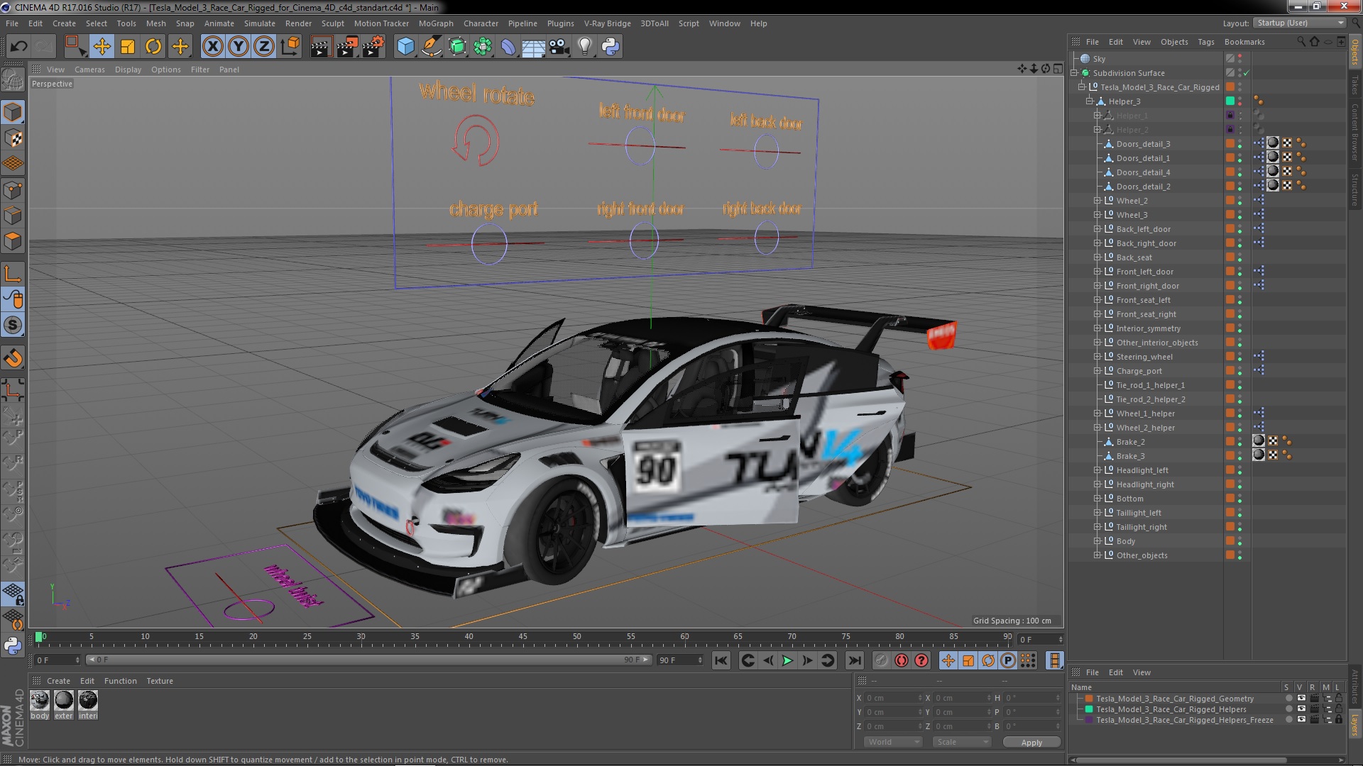 3D Tesla Model 3 Race Car Rigged for Cinema 4D model