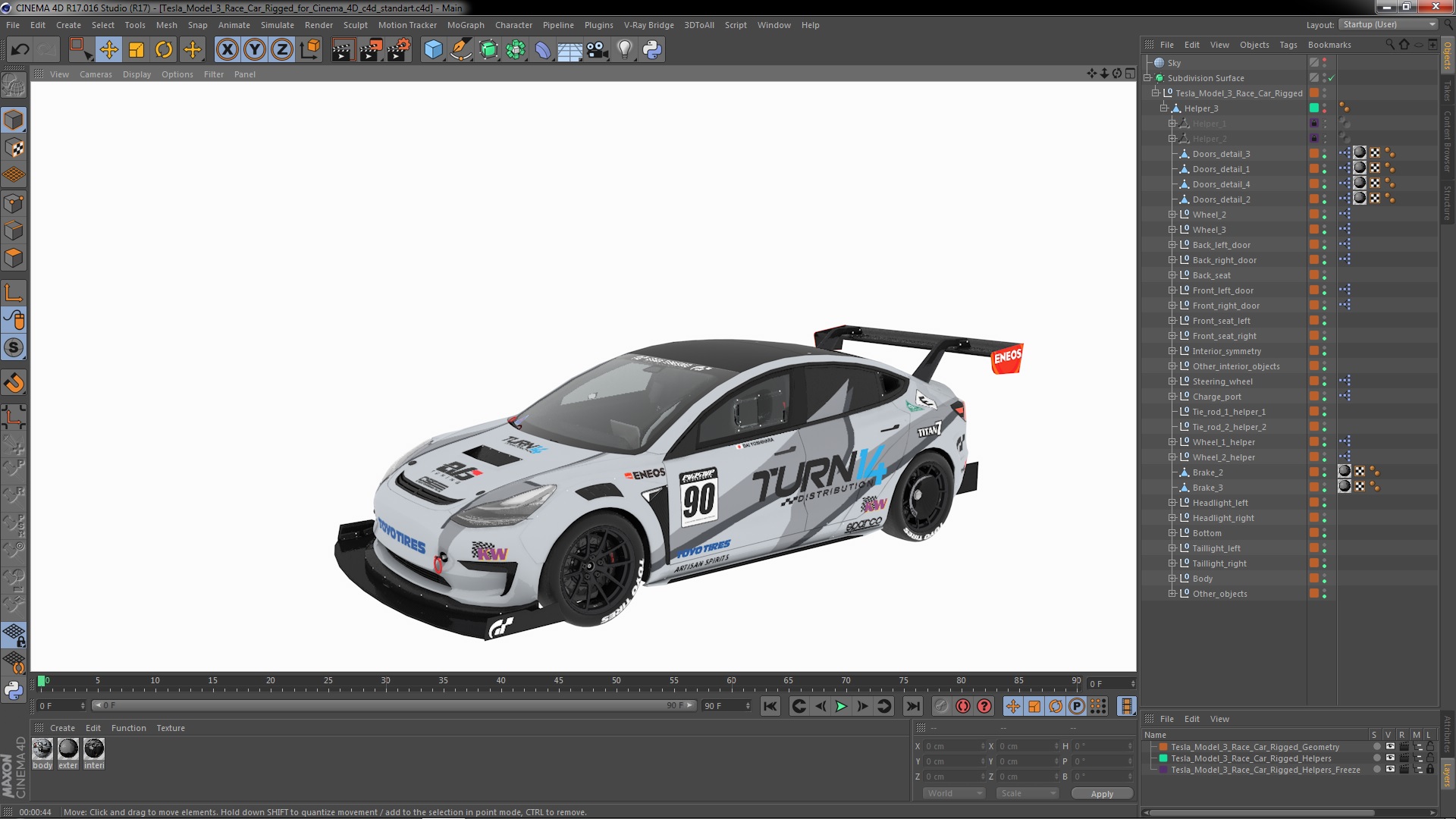 3D Tesla Model 3 Race Car Rigged for Cinema 4D model