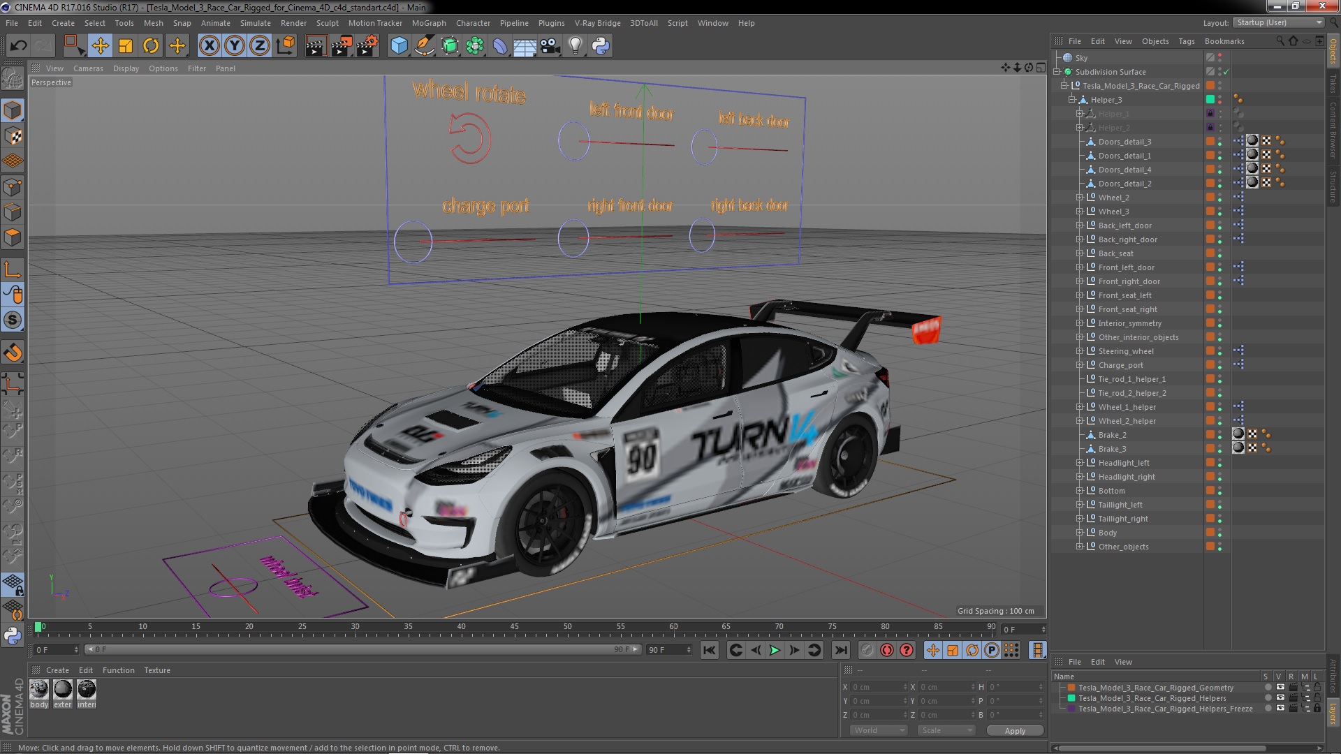 3D Tesla Model 3 Race Car Rigged for Cinema 4D model