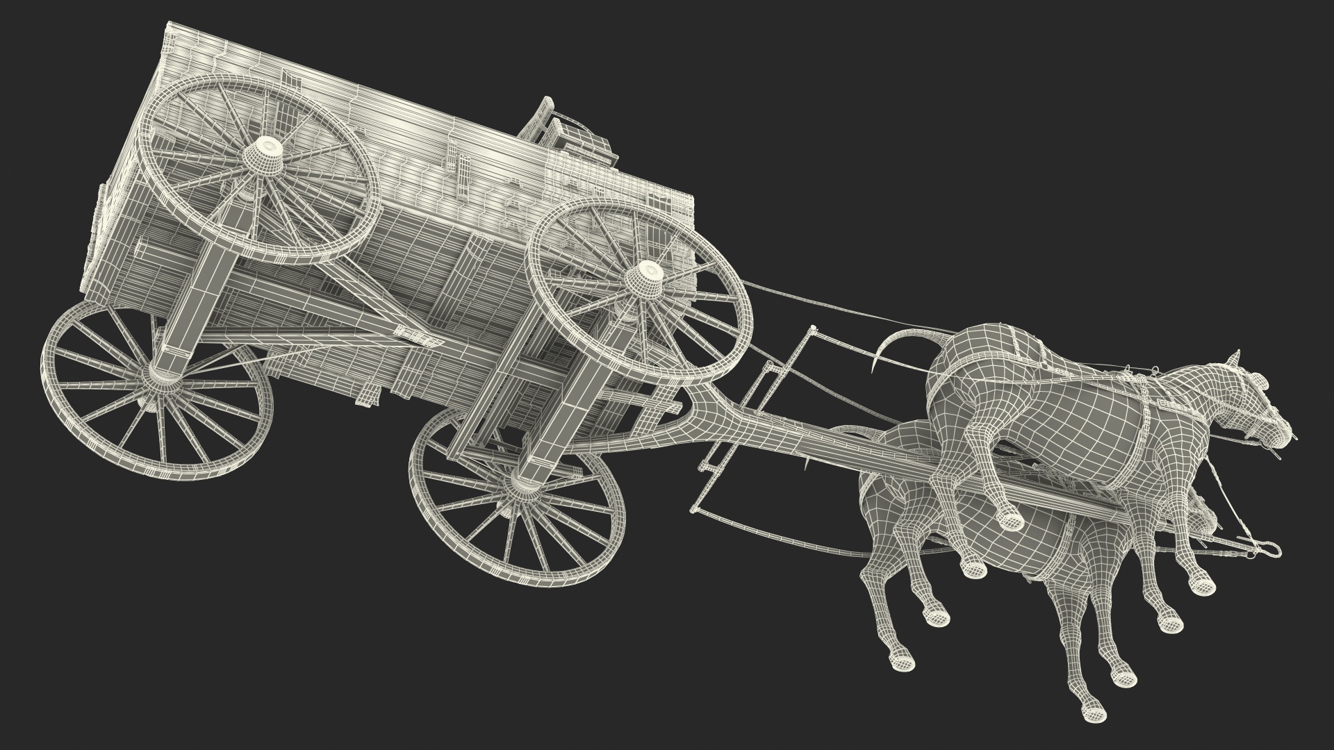 3D Pair Of White Horses with Wagon