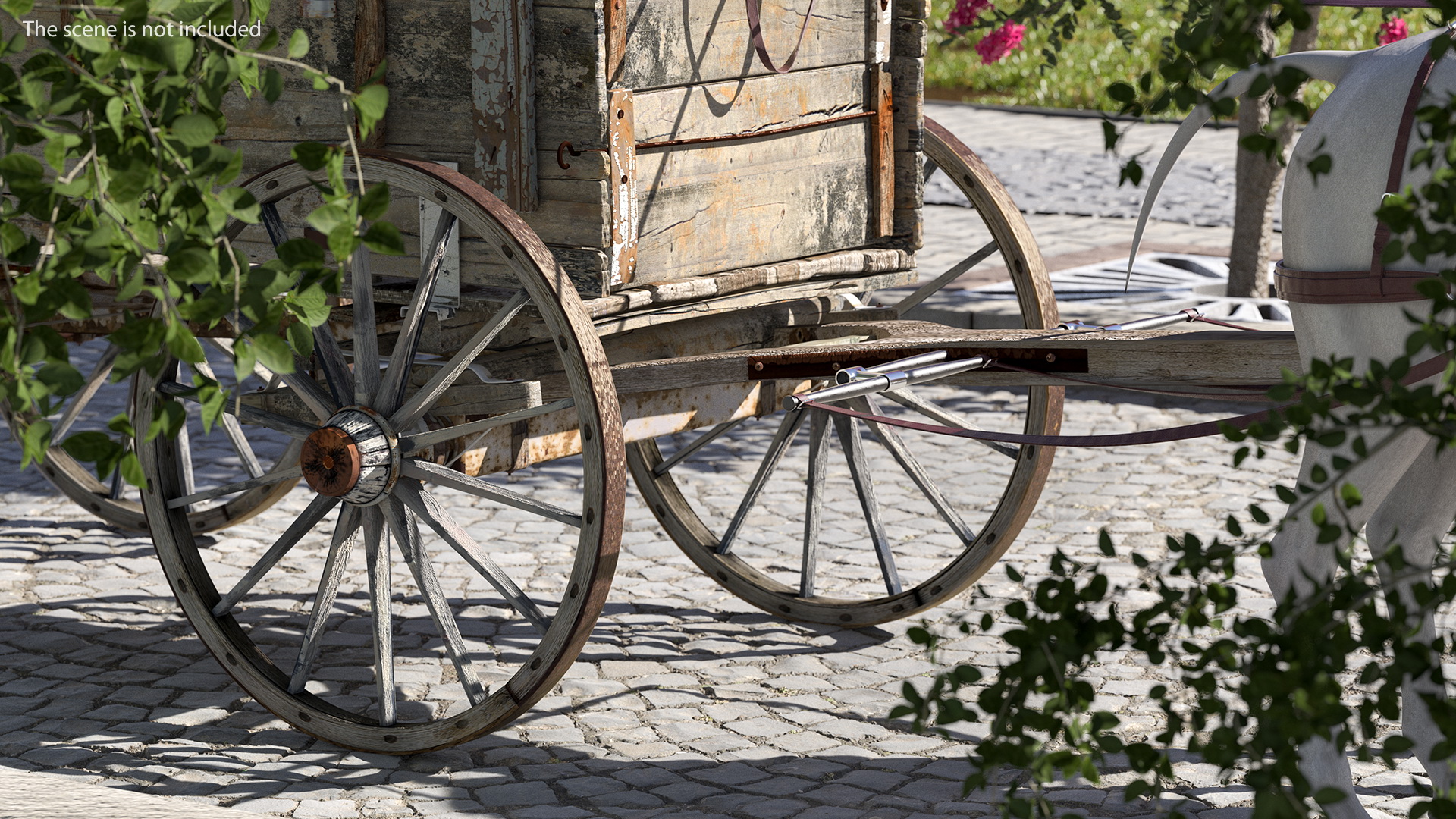 3D Pair Of White Horses with Wagon