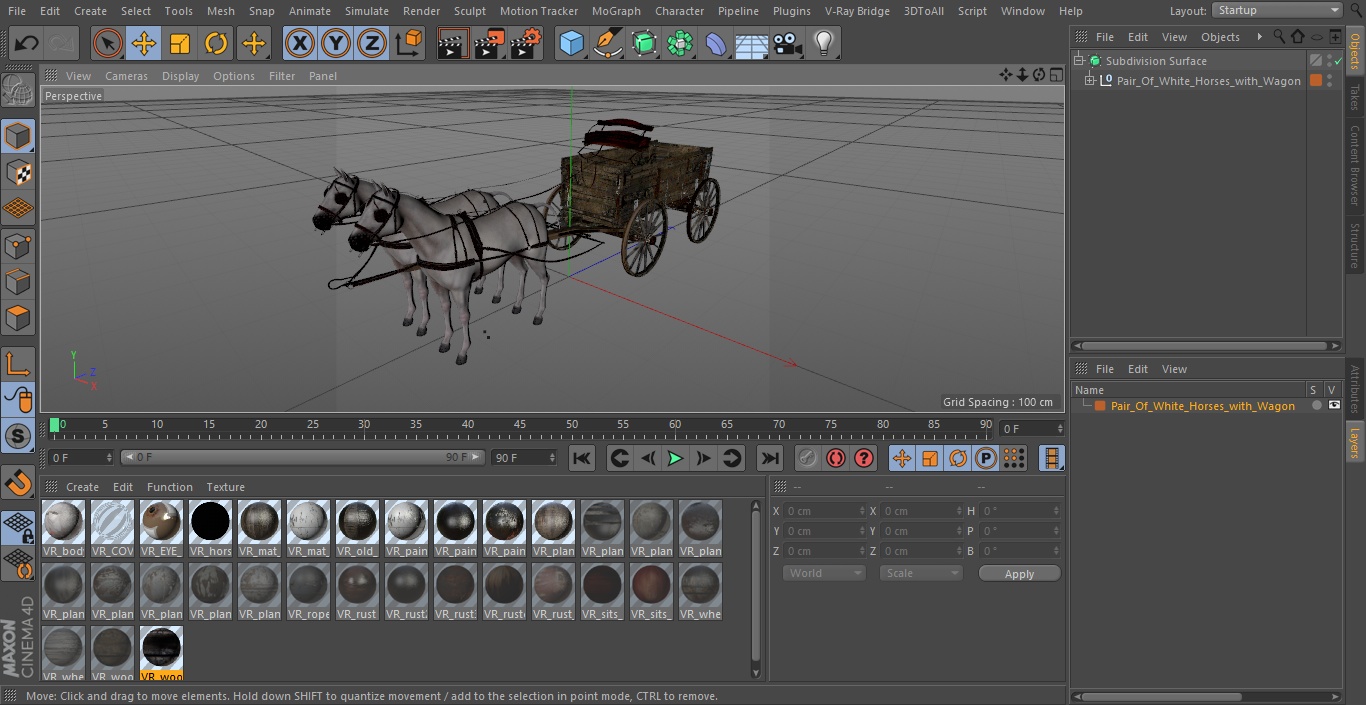 3D Pair Of White Horses with Wagon