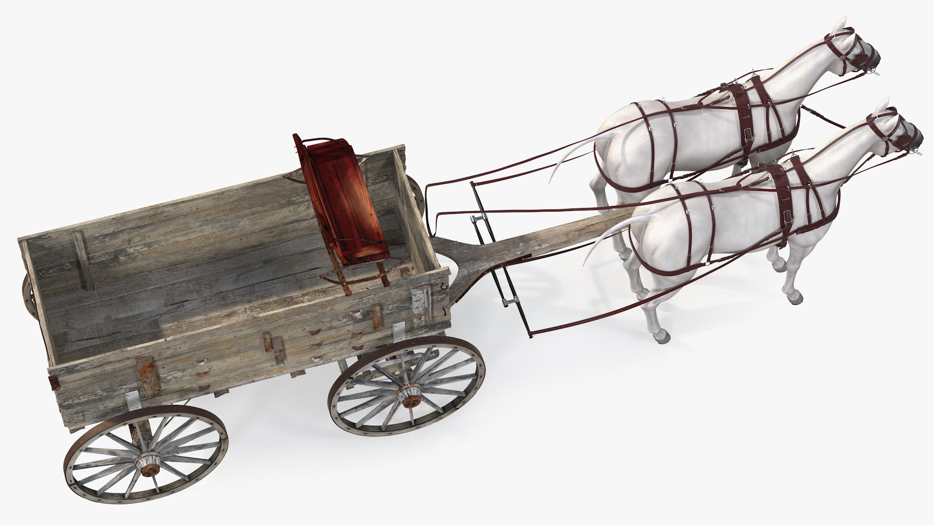 3D Pair Of White Horses with Wagon