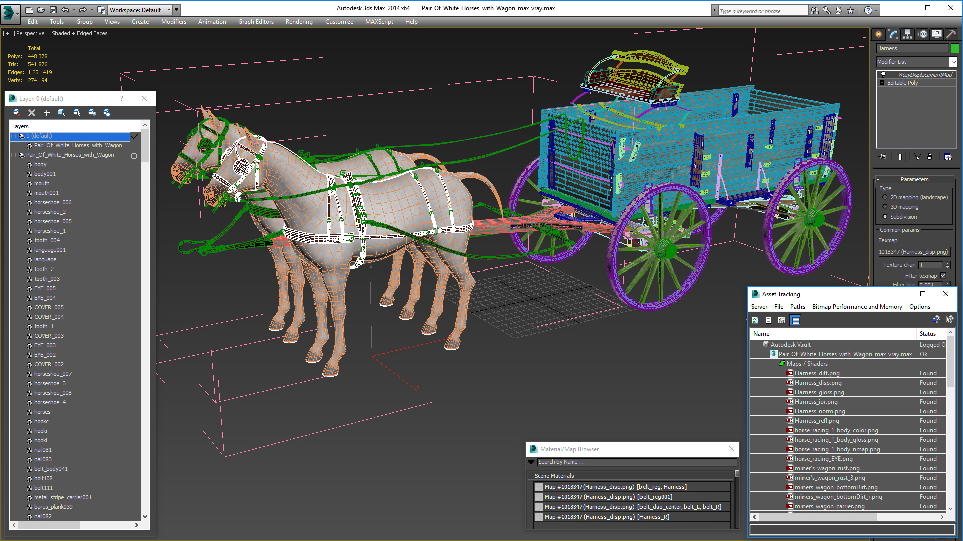 3D Pair Of White Horses with Wagon