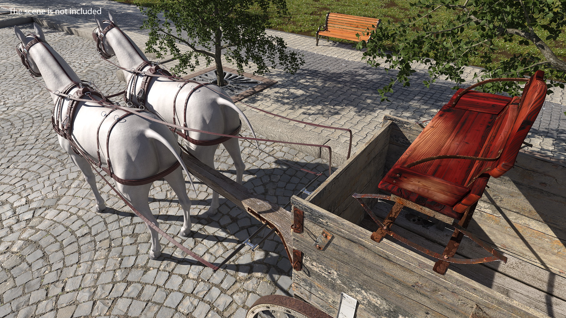 3D Pair Of White Horses with Wagon
