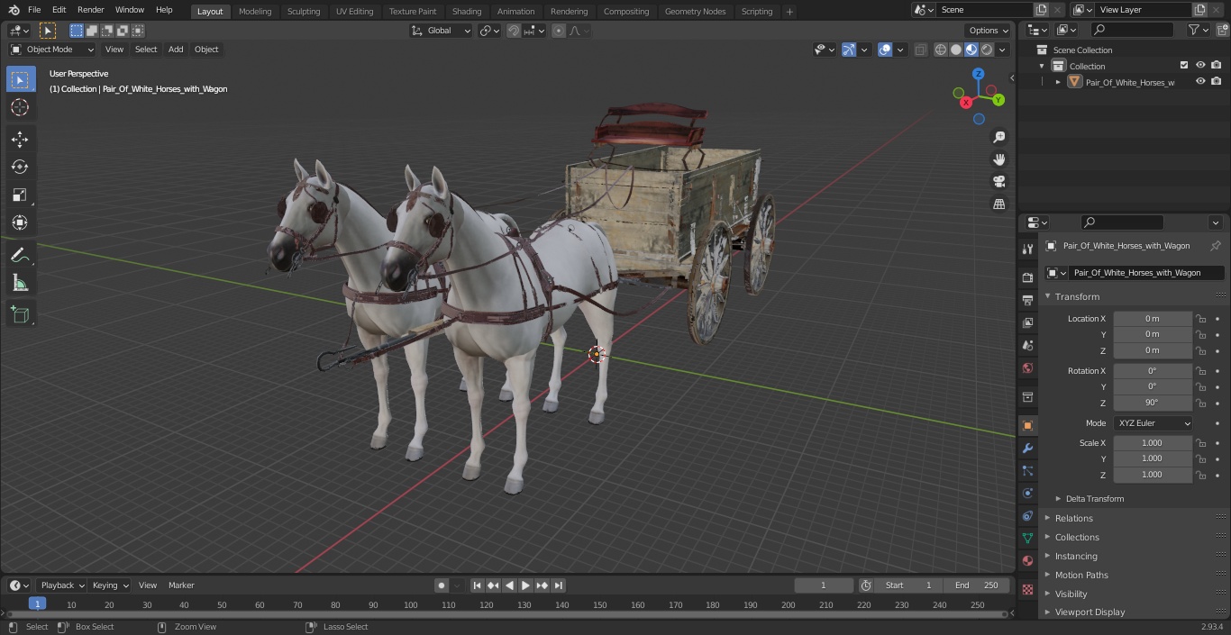 3D Pair Of White Horses with Wagon