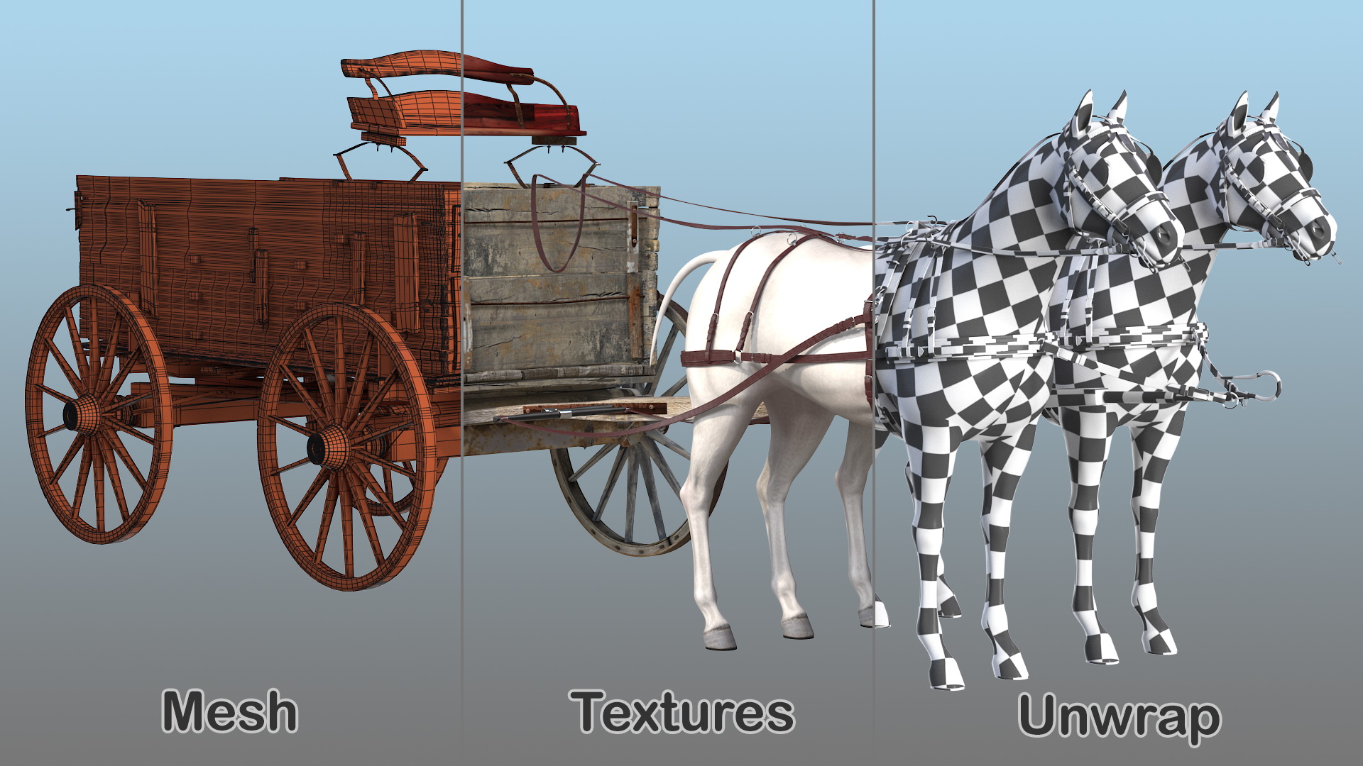 3D Pair Of White Horses with Wagon