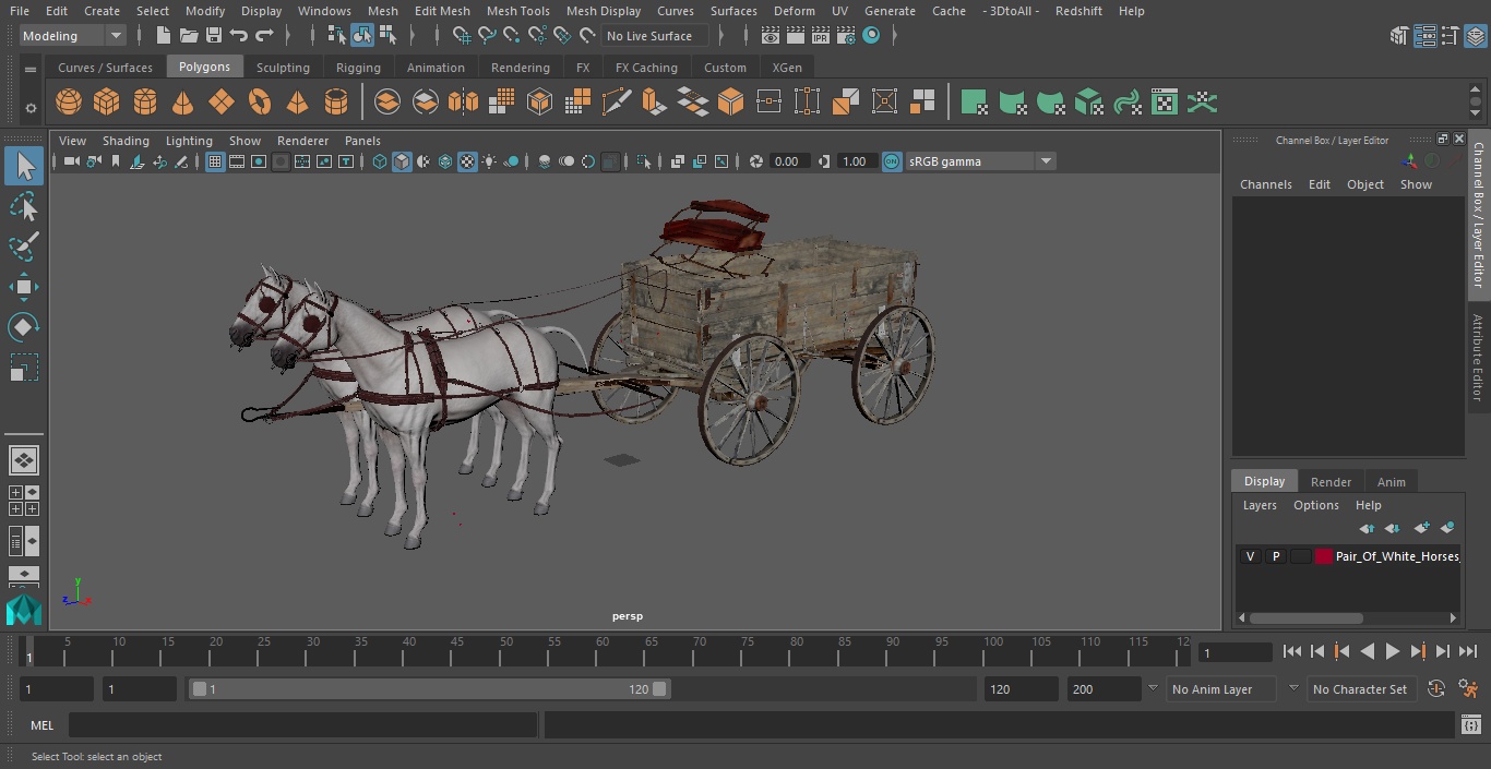 3D Pair Of White Horses with Wagon