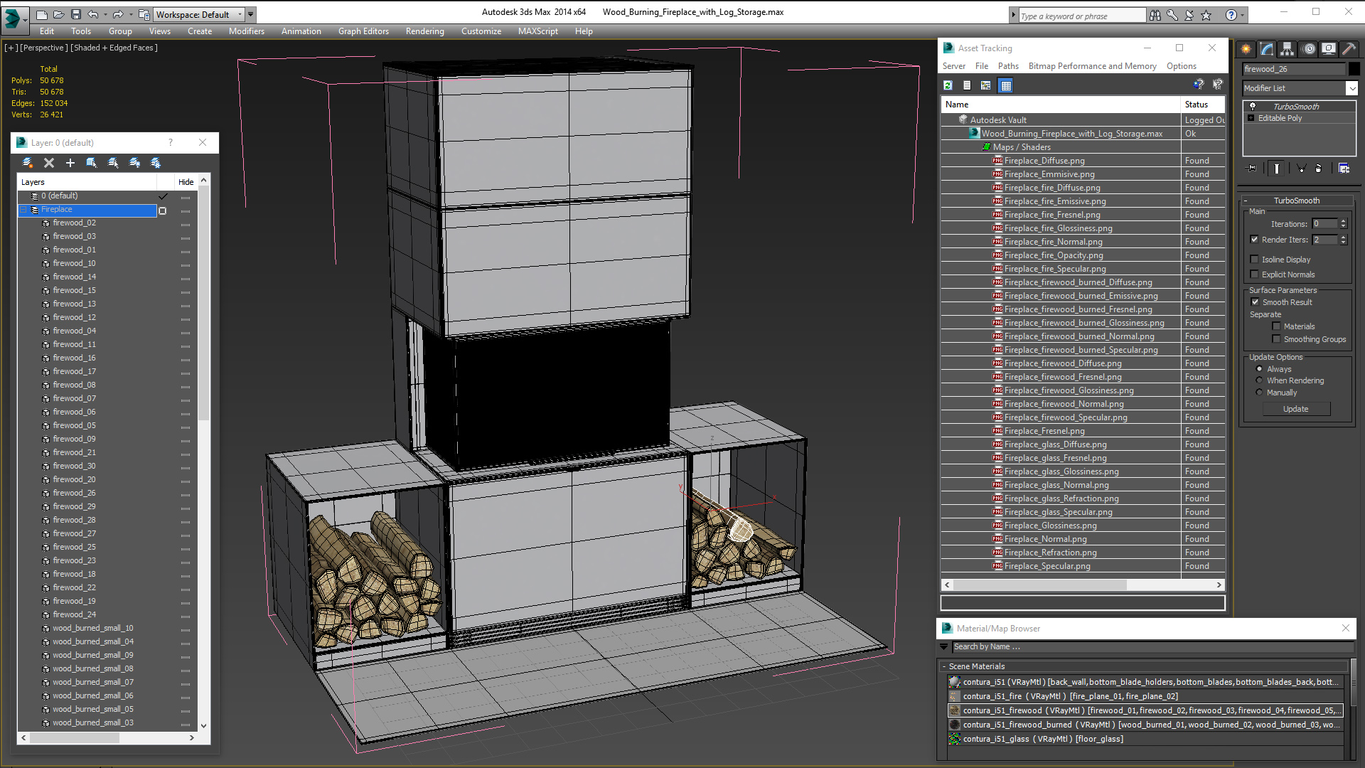Wood Burning Fireplace with Log Storage 3D model