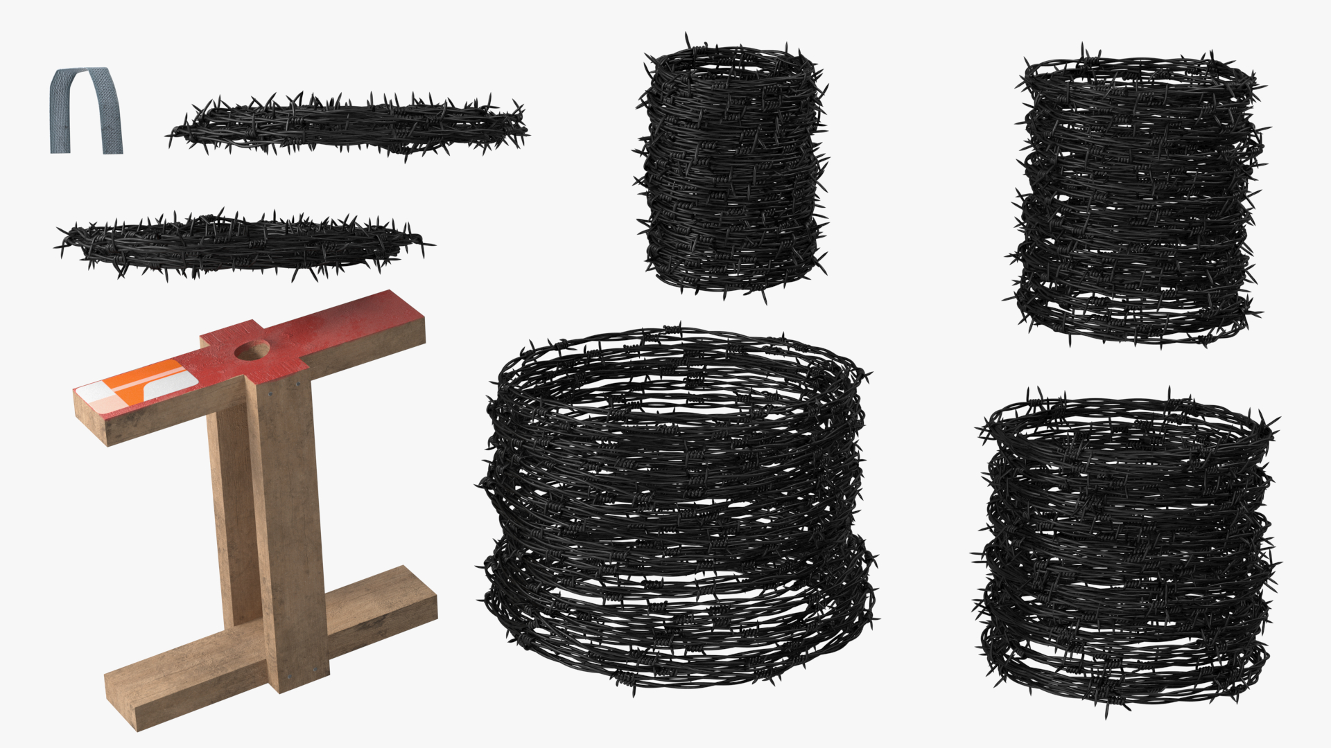3D Barbed Wire Roll Black on Wooden Stand model