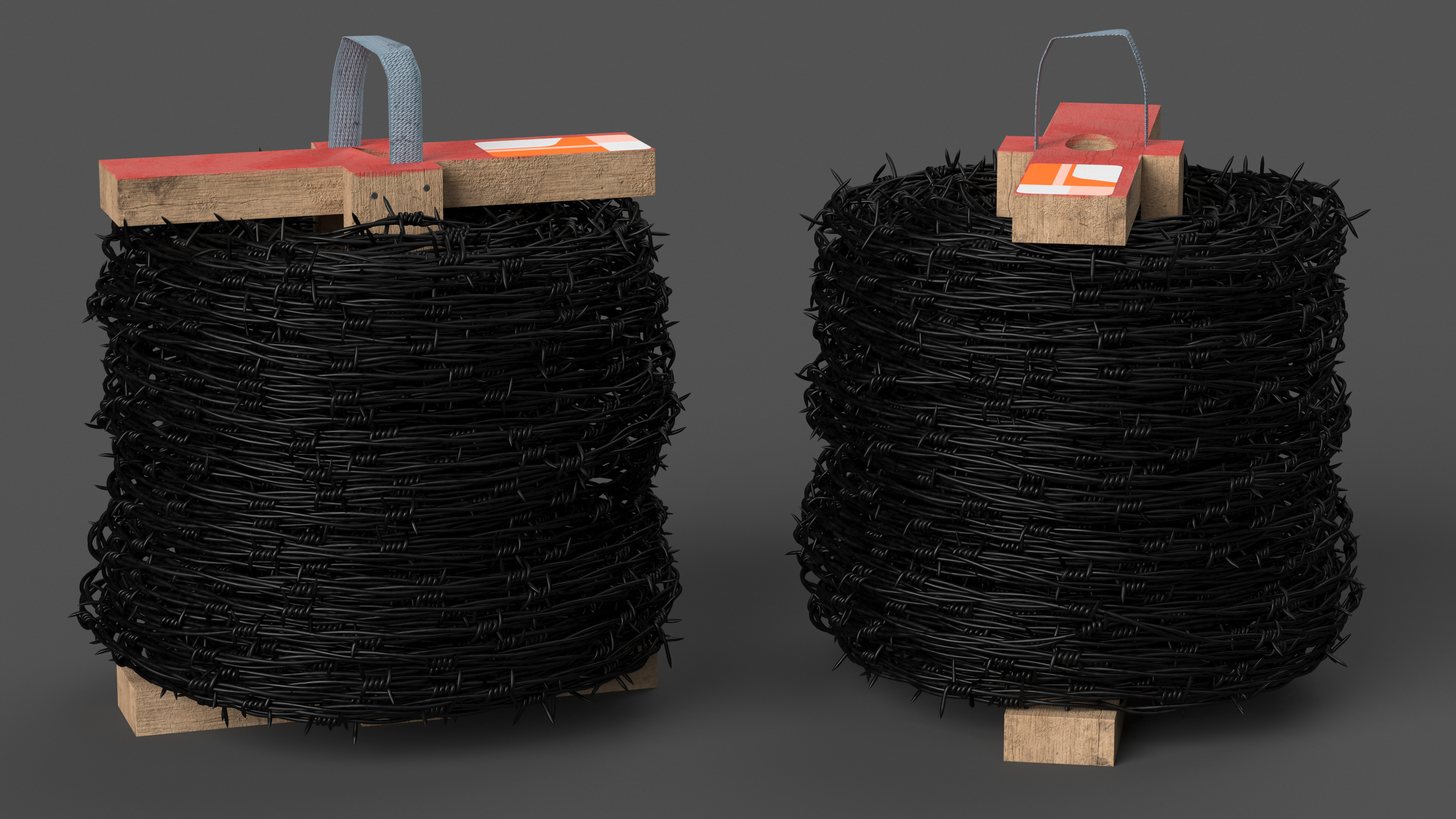 3D Barbed Wire Roll Black on Wooden Stand model