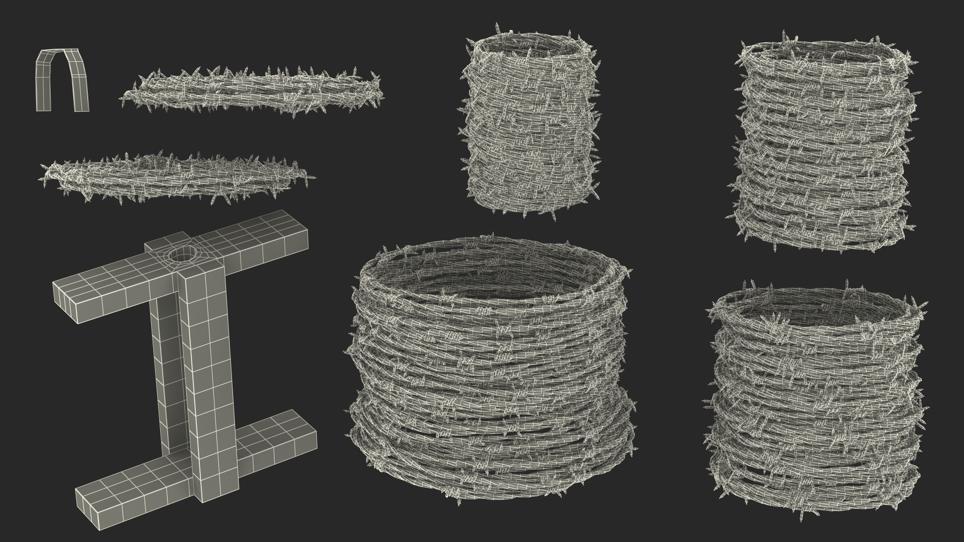 3D Barbed Wire Roll Black on Wooden Stand model