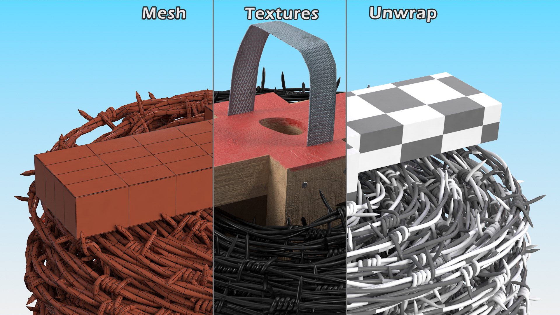 3D Barbed Wire Roll Black on Wooden Stand model