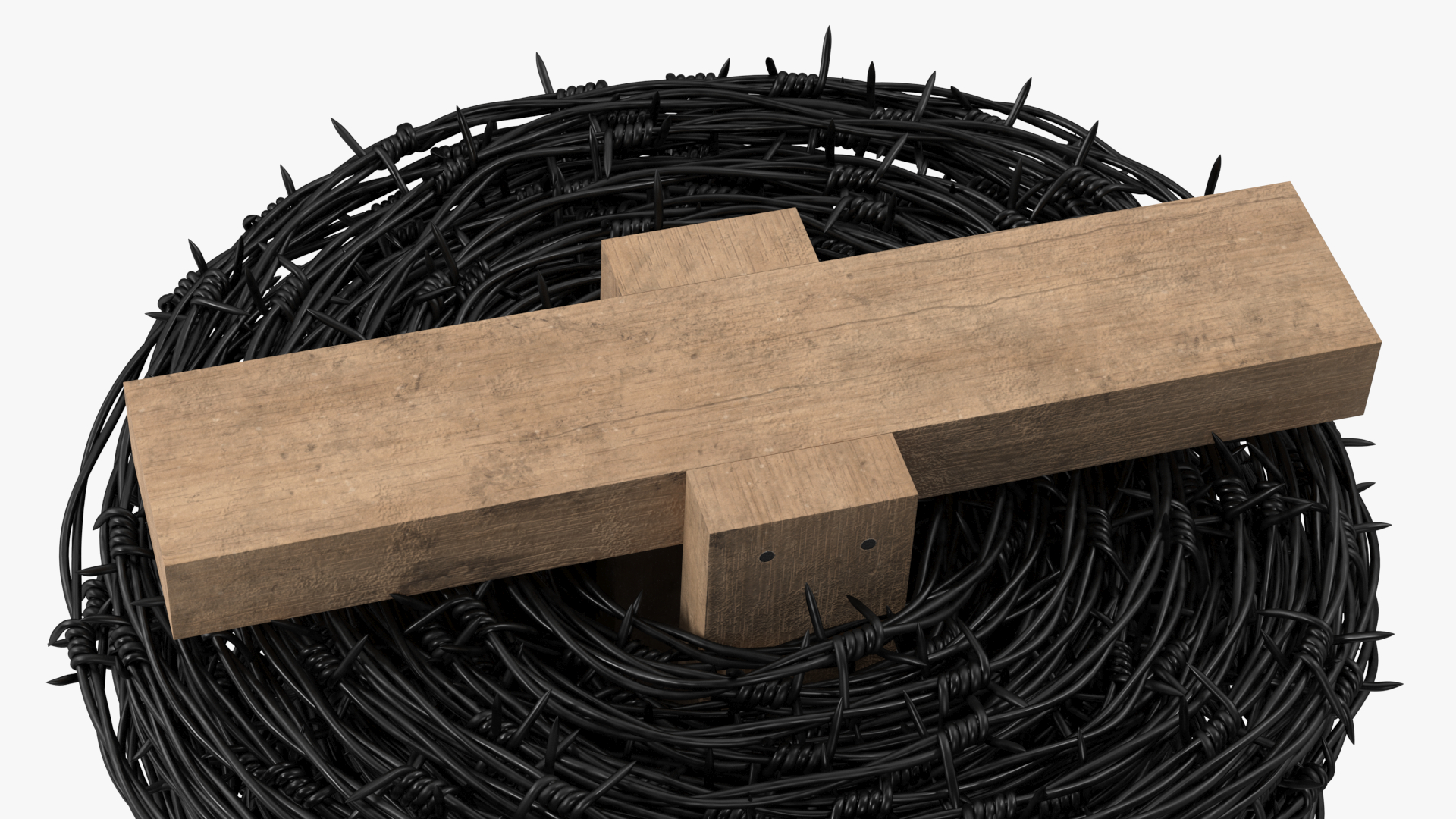 3D Barbed Wire Roll Black on Wooden Stand model