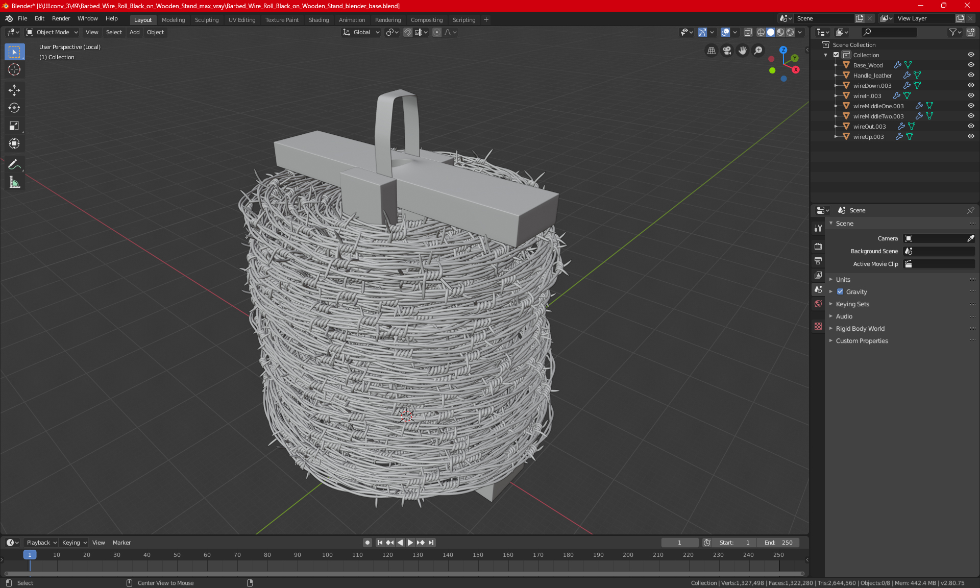 3D Barbed Wire Roll Black on Wooden Stand model