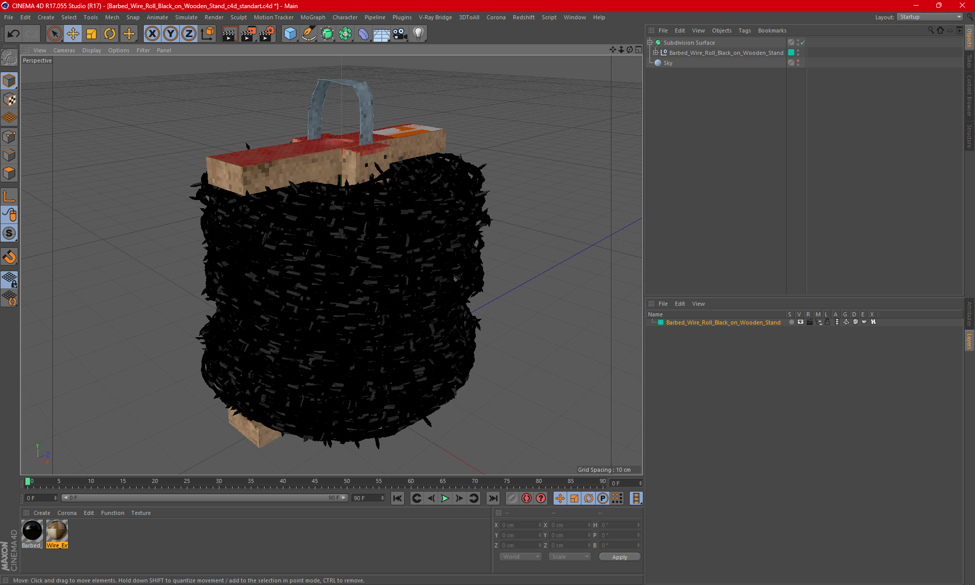 3D Barbed Wire Roll Black on Wooden Stand model