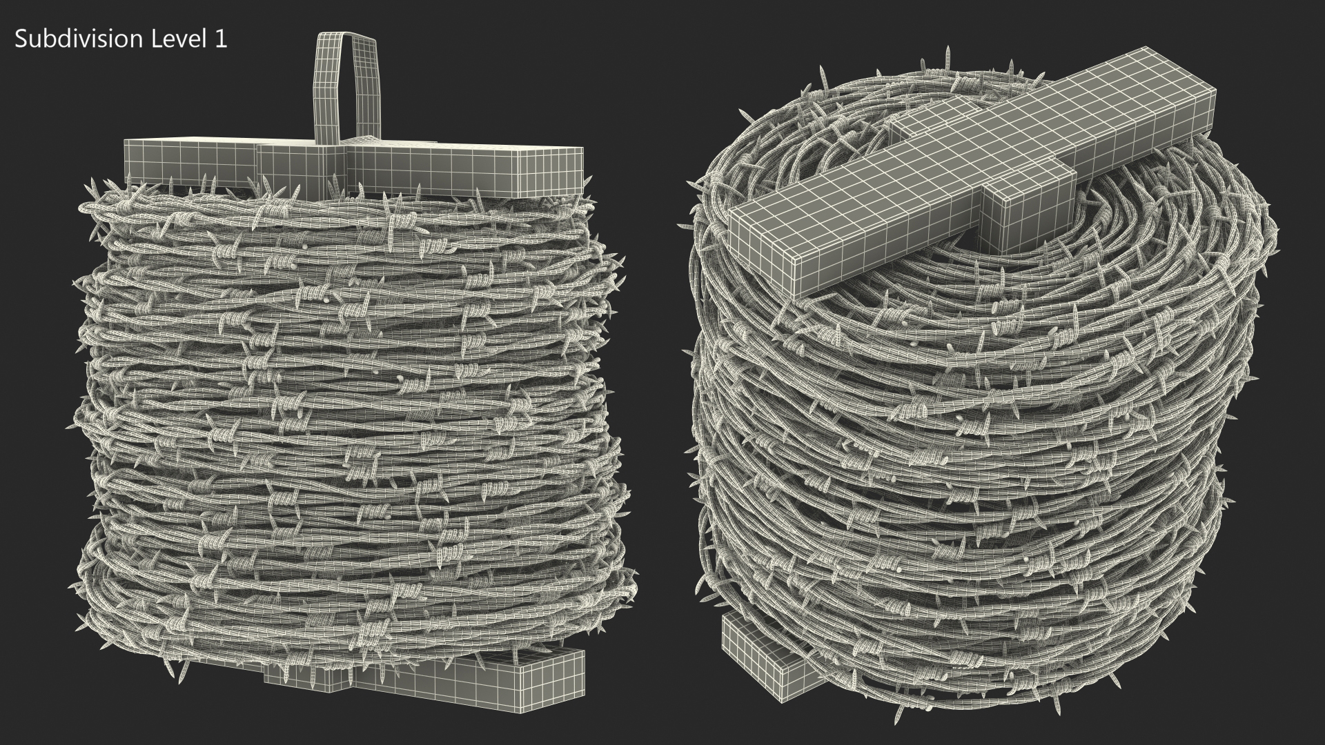 3D Barbed Wire Roll Black on Wooden Stand model