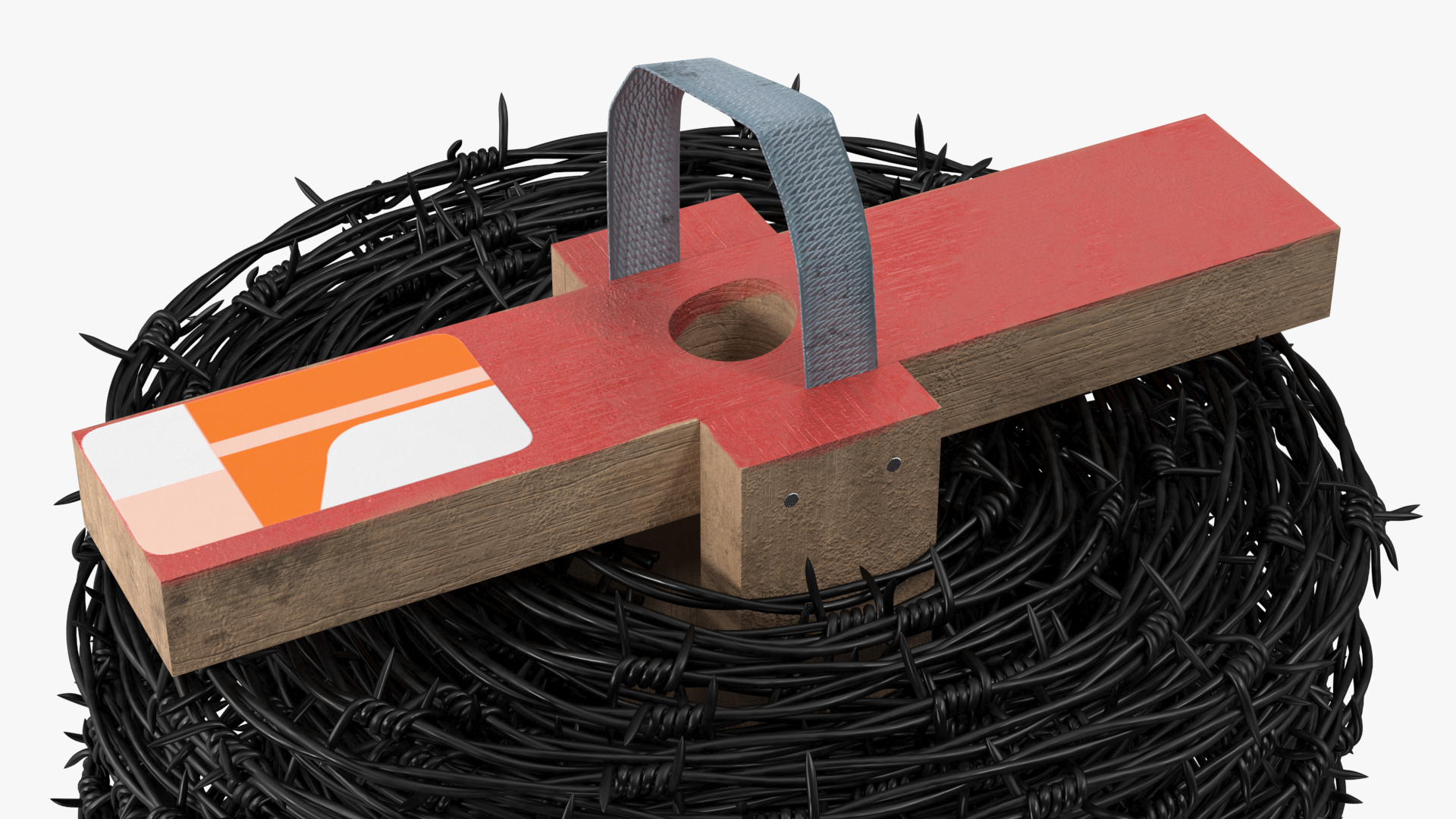3D Barbed Wire Roll Black on Wooden Stand model