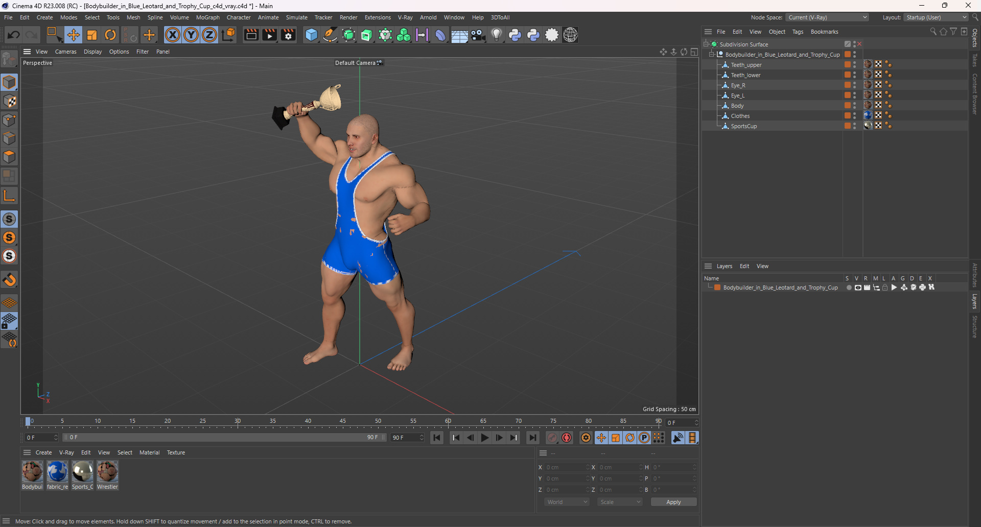 Bodybuilder in Blue Leotard and Trophy Cup 3D