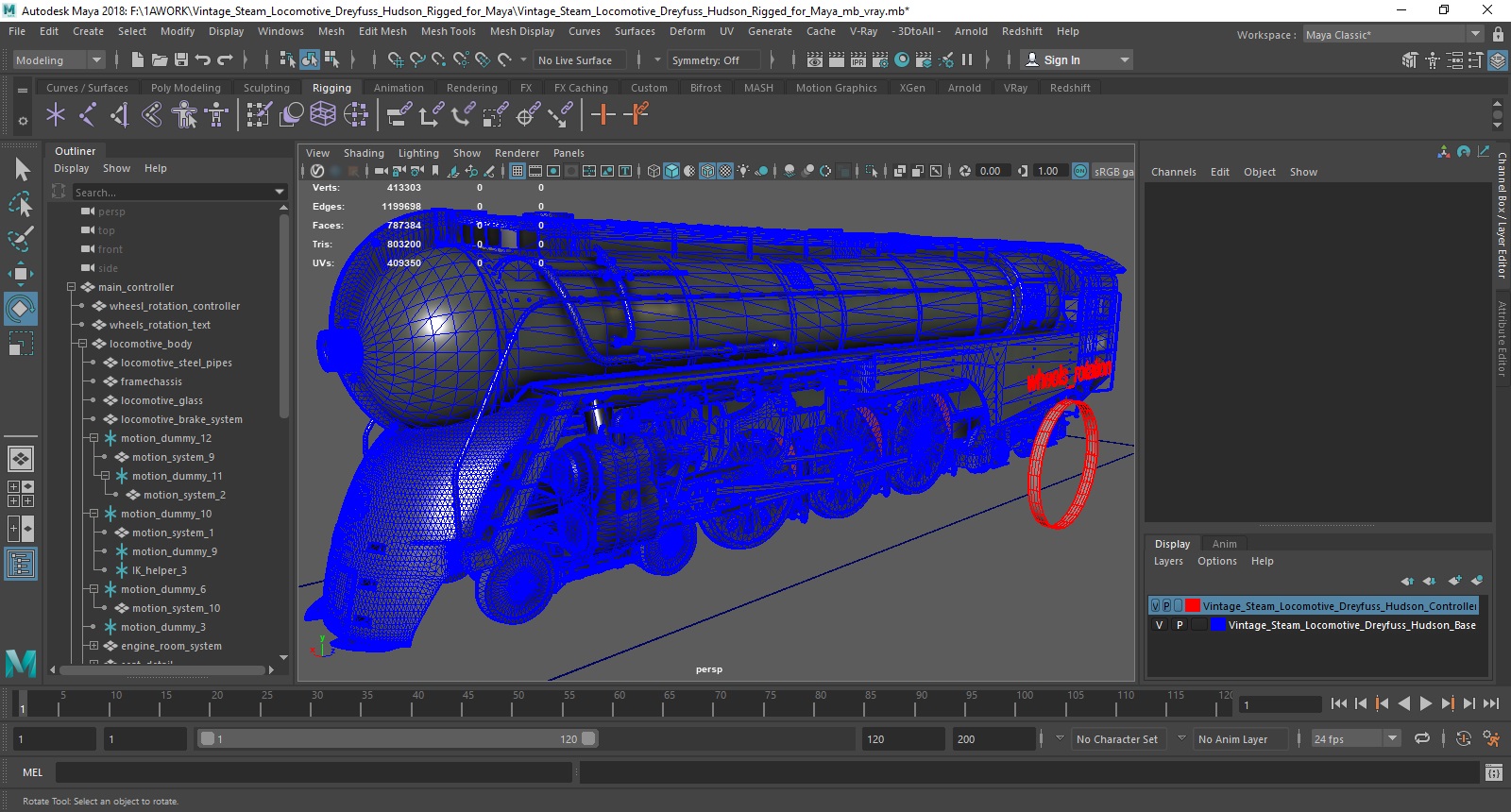 3D Vintage Steam Locomotive Dreyfuss Hudson Rigged for Maya