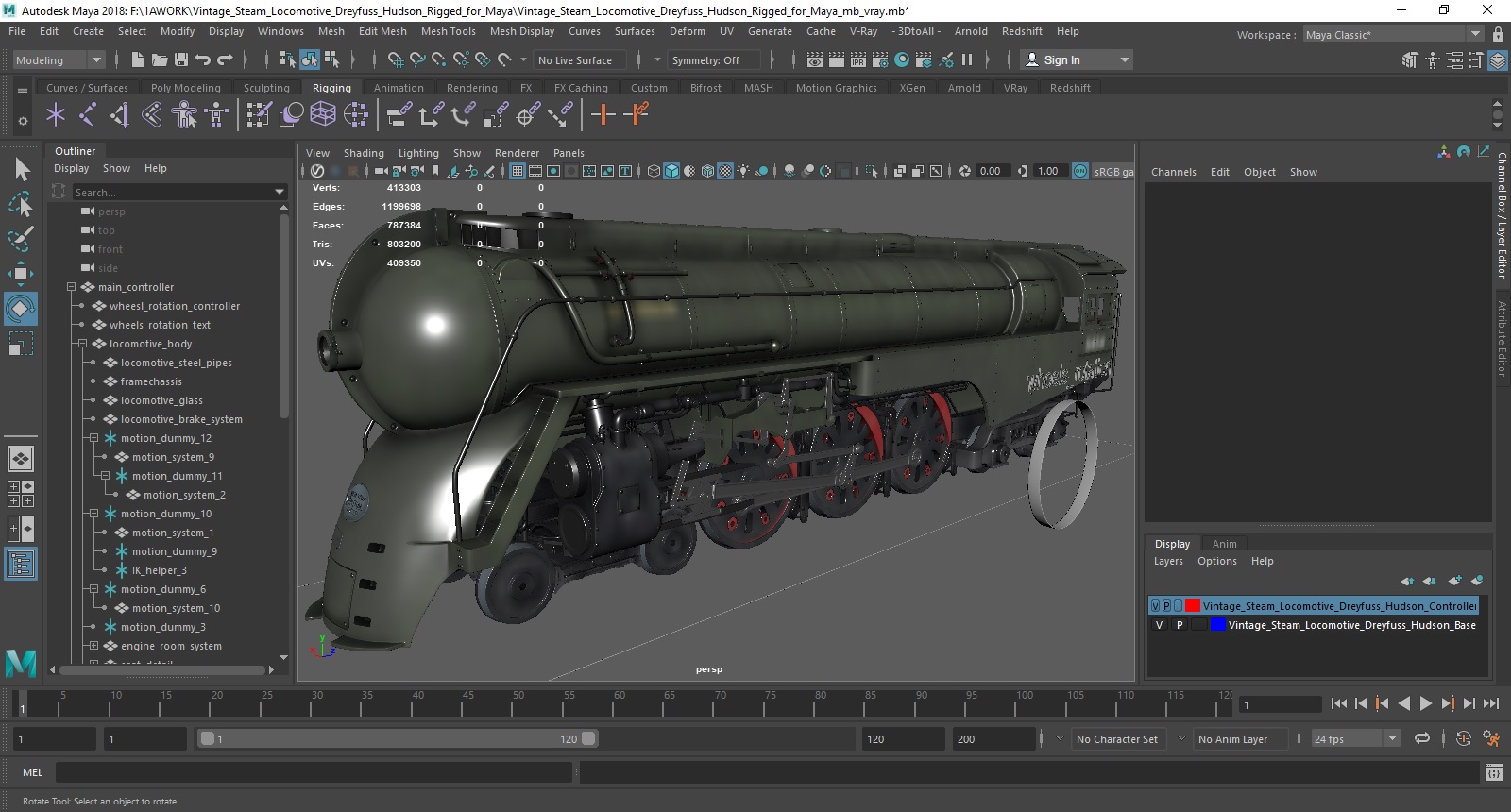 3D Vintage Steam Locomotive Dreyfuss Hudson Rigged for Maya