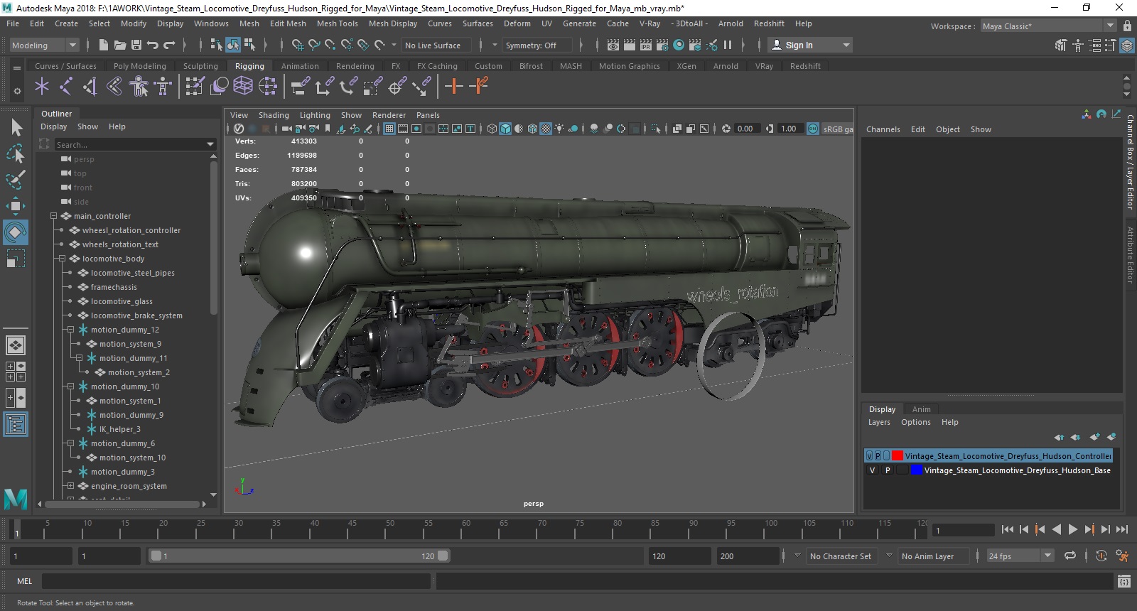 3D Vintage Steam Locomotive Dreyfuss Hudson Rigged for Maya