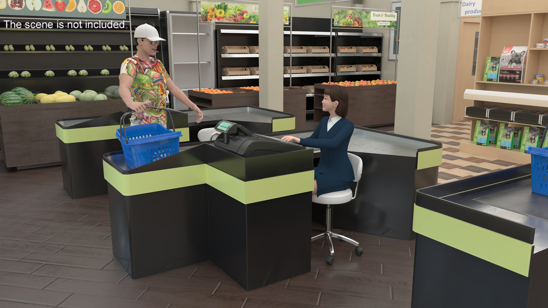 3D Retail Checkout with Groceries and Divider Bar
