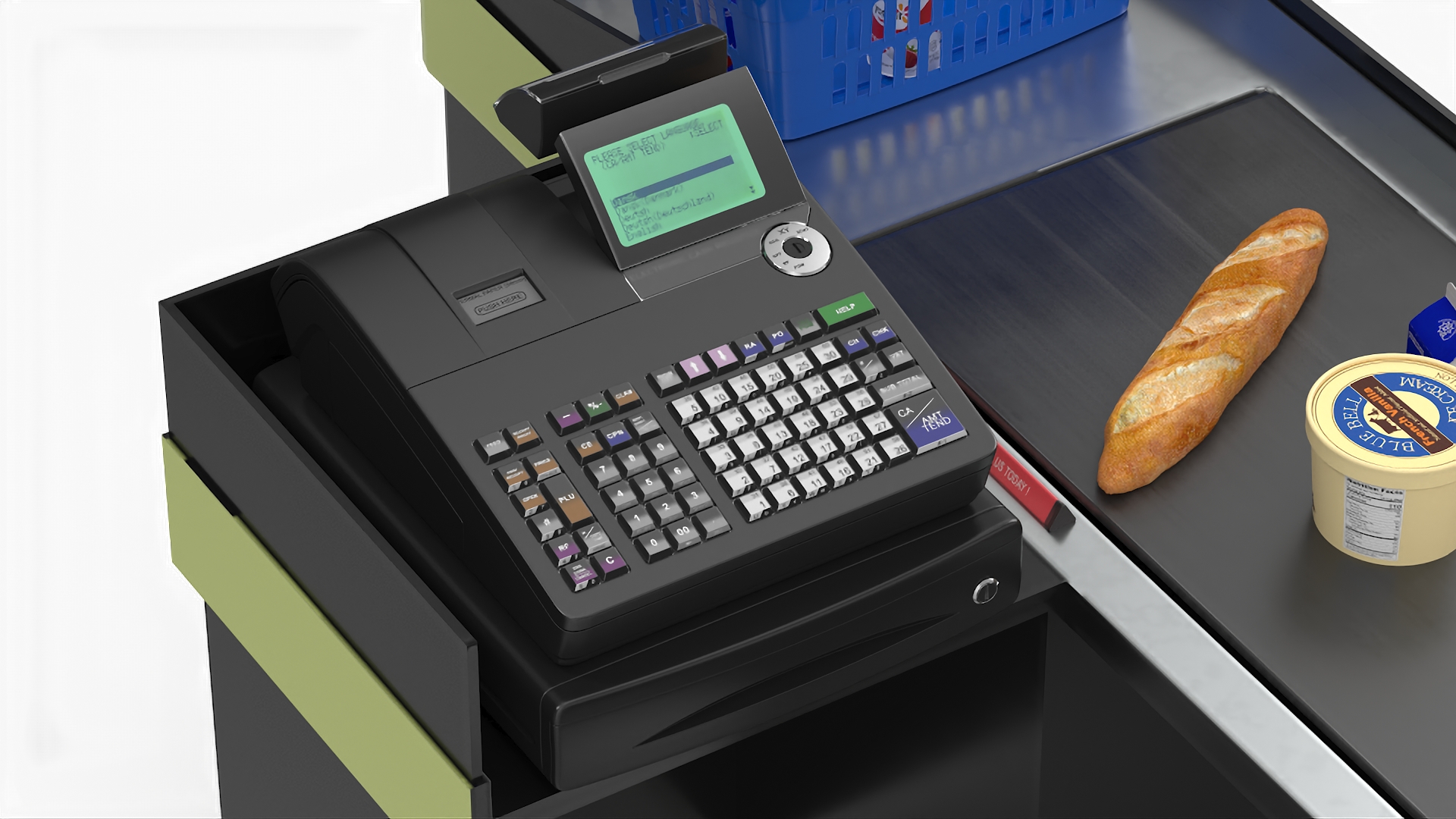 3D Retail Checkout with Groceries and Divider Bar