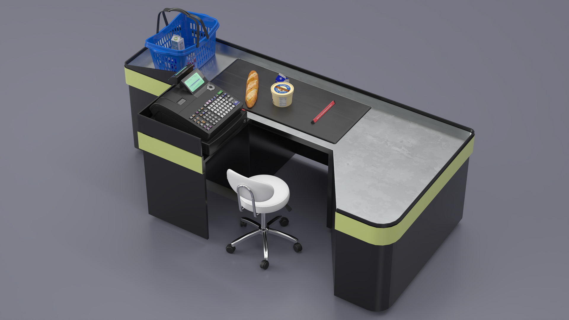 3D Retail Checkout with Groceries and Divider Bar