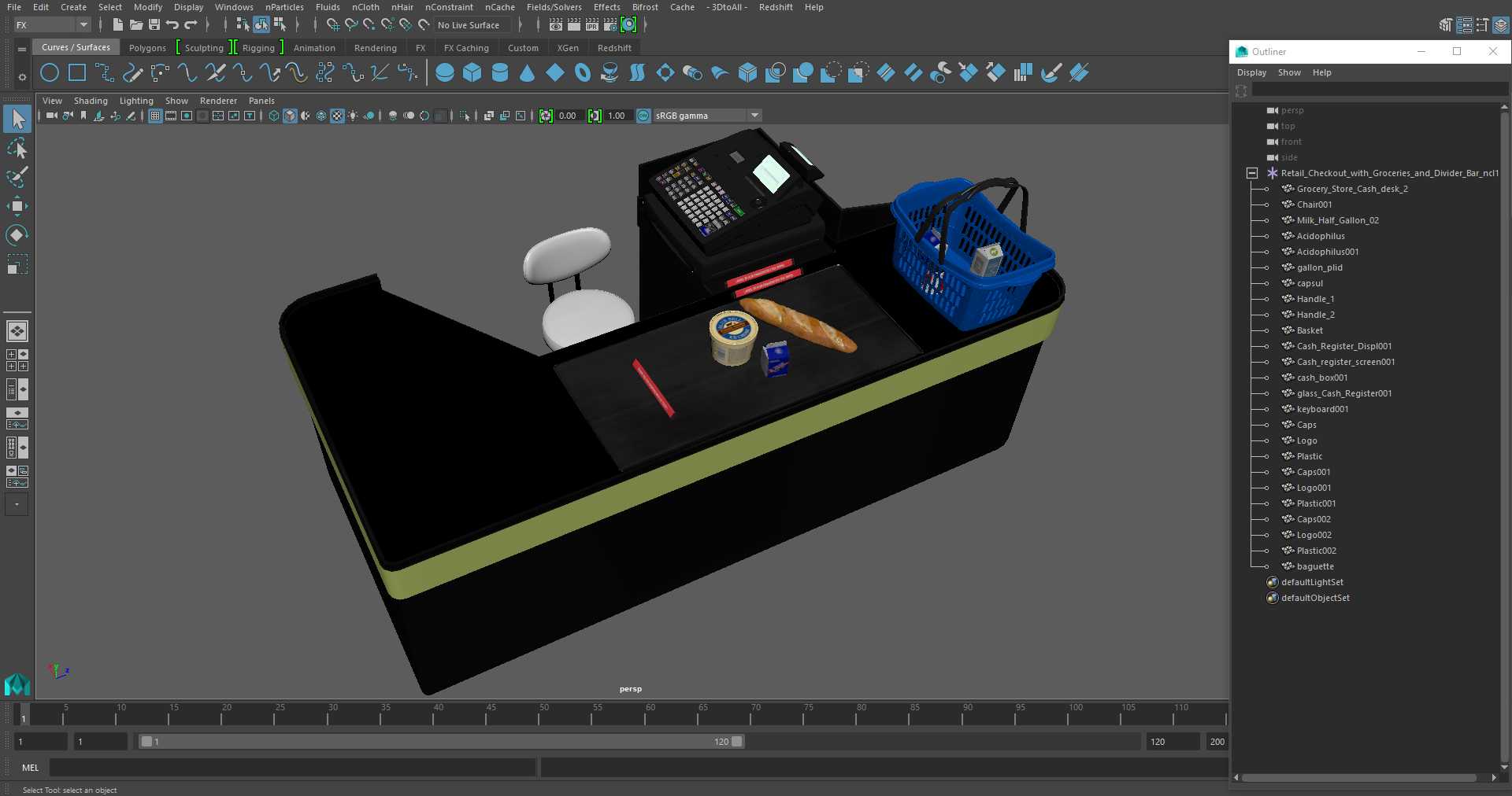 3D Retail Checkout with Groceries and Divider Bar